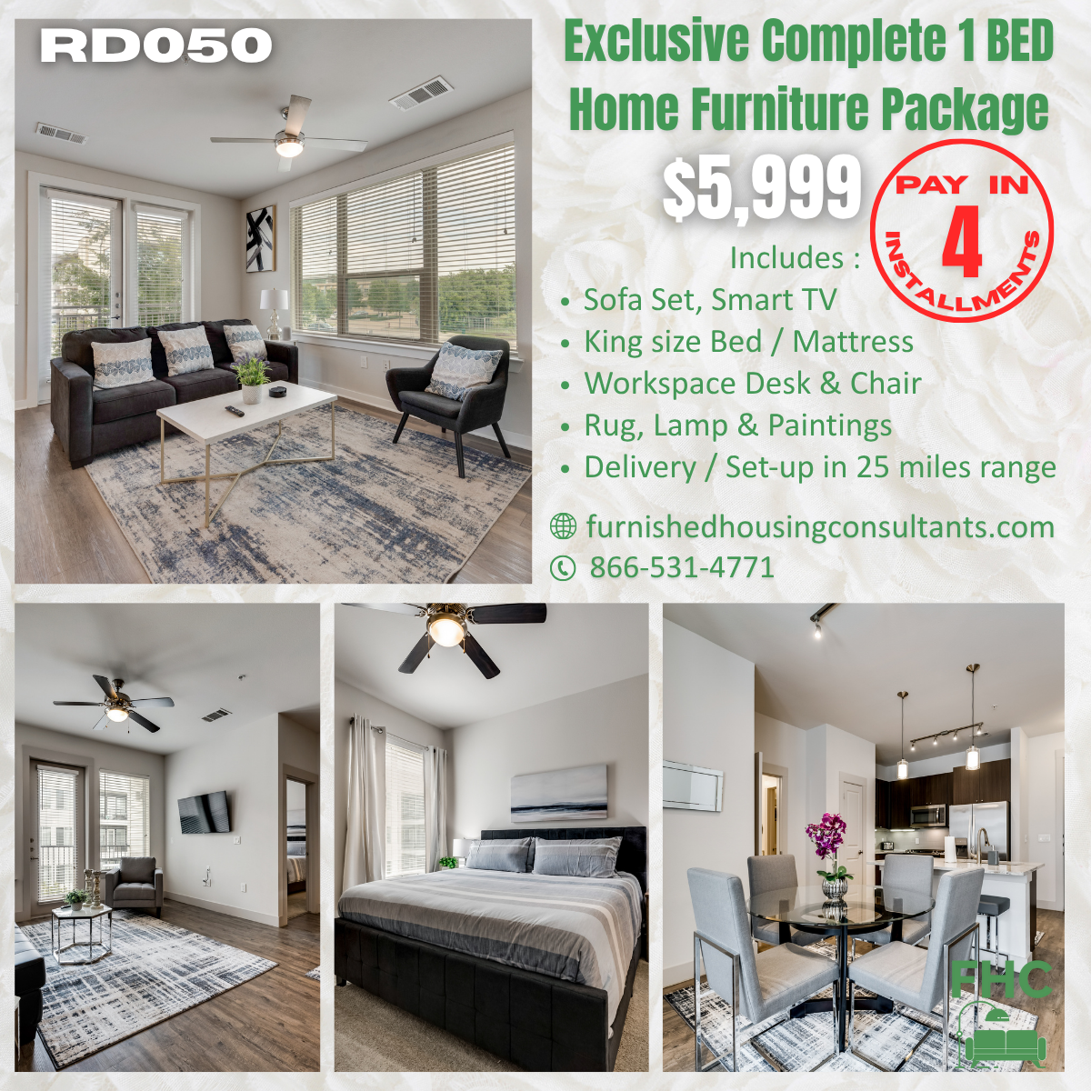 Advertisement for a 1-bedroom home furniture package for $5,999. Includes a sofa, TV, bed, desk, rug, and art. Delivery/setup within 25 miles.
