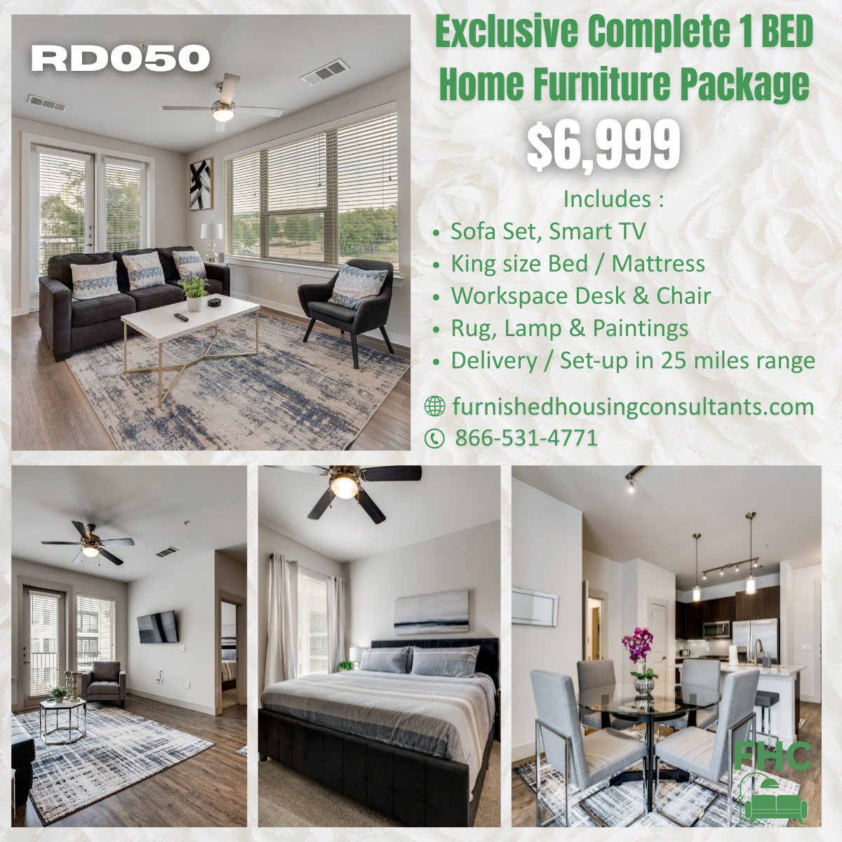An advertisement for a complete 1 bed home furniture package for $ 6,999
