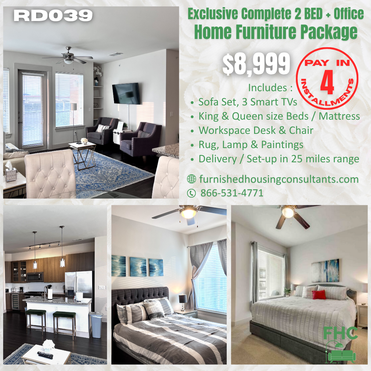 An advertisement for a complete 2-bedroom home furniture package for $8,999. Includes furniture and delivery within 25 miles.
