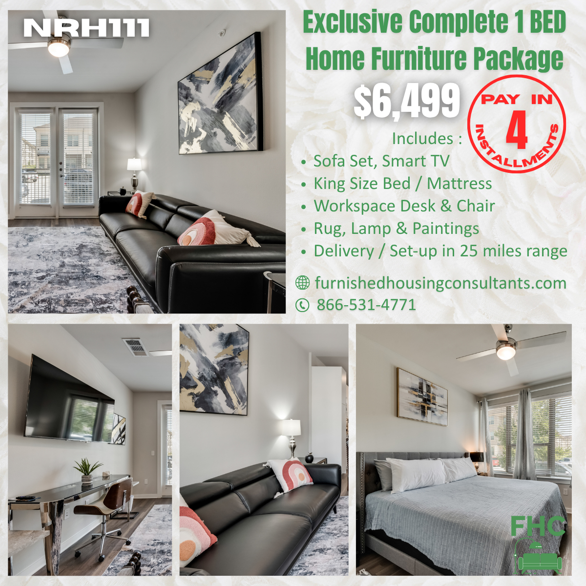 Furnished one-bedroom home furniture package advertisement. Includes sofa, TV, bed, desk, rug, lamp, paintings, and delivery.