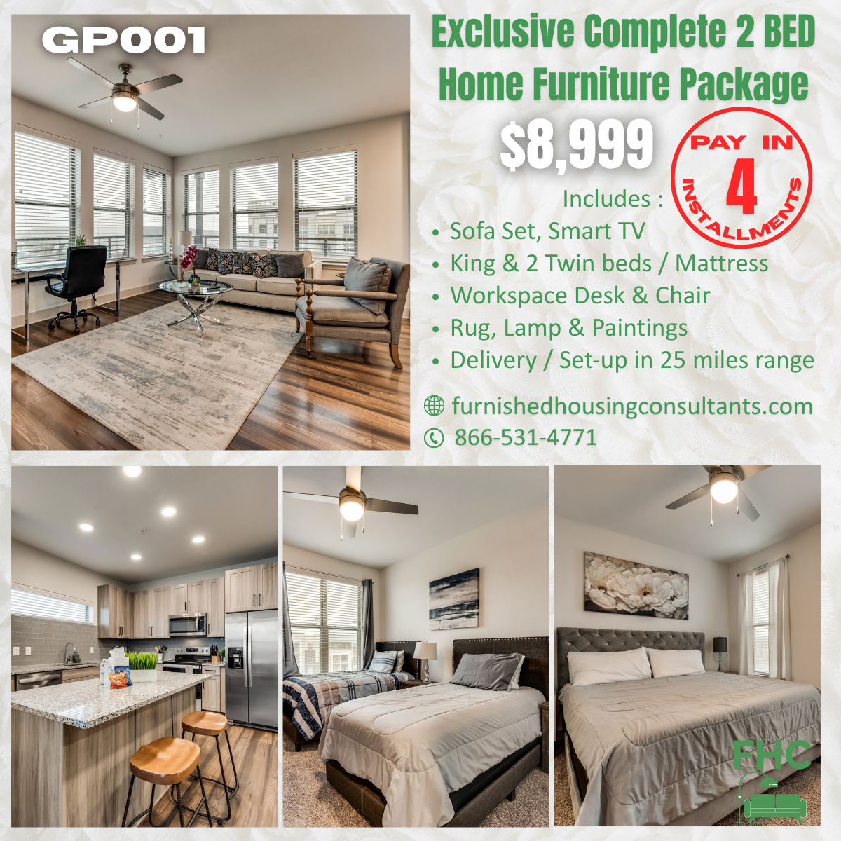 Advertisement for a 2-bedroom home furniture package, including a sofa set, smart TV, beds, desk, rug, and artwork for $8,999, payable in installments.