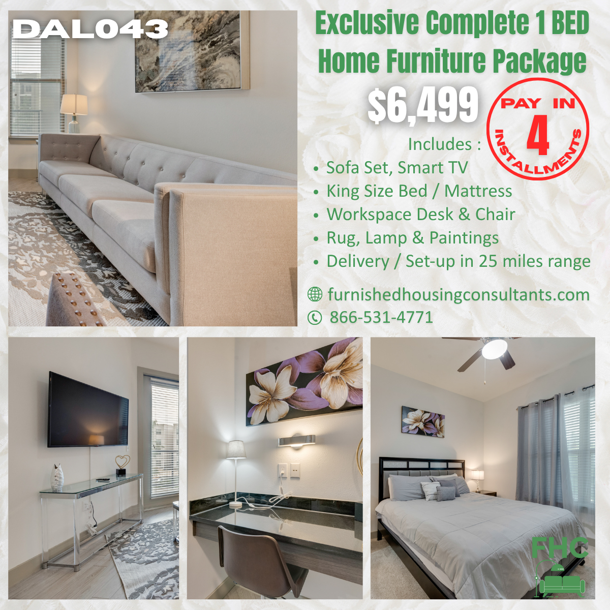 Advertisement for a 1-bedroom home furniture package, including sofa, TV, bed, desk, rug, and more, for $6,499, with details and contact info.