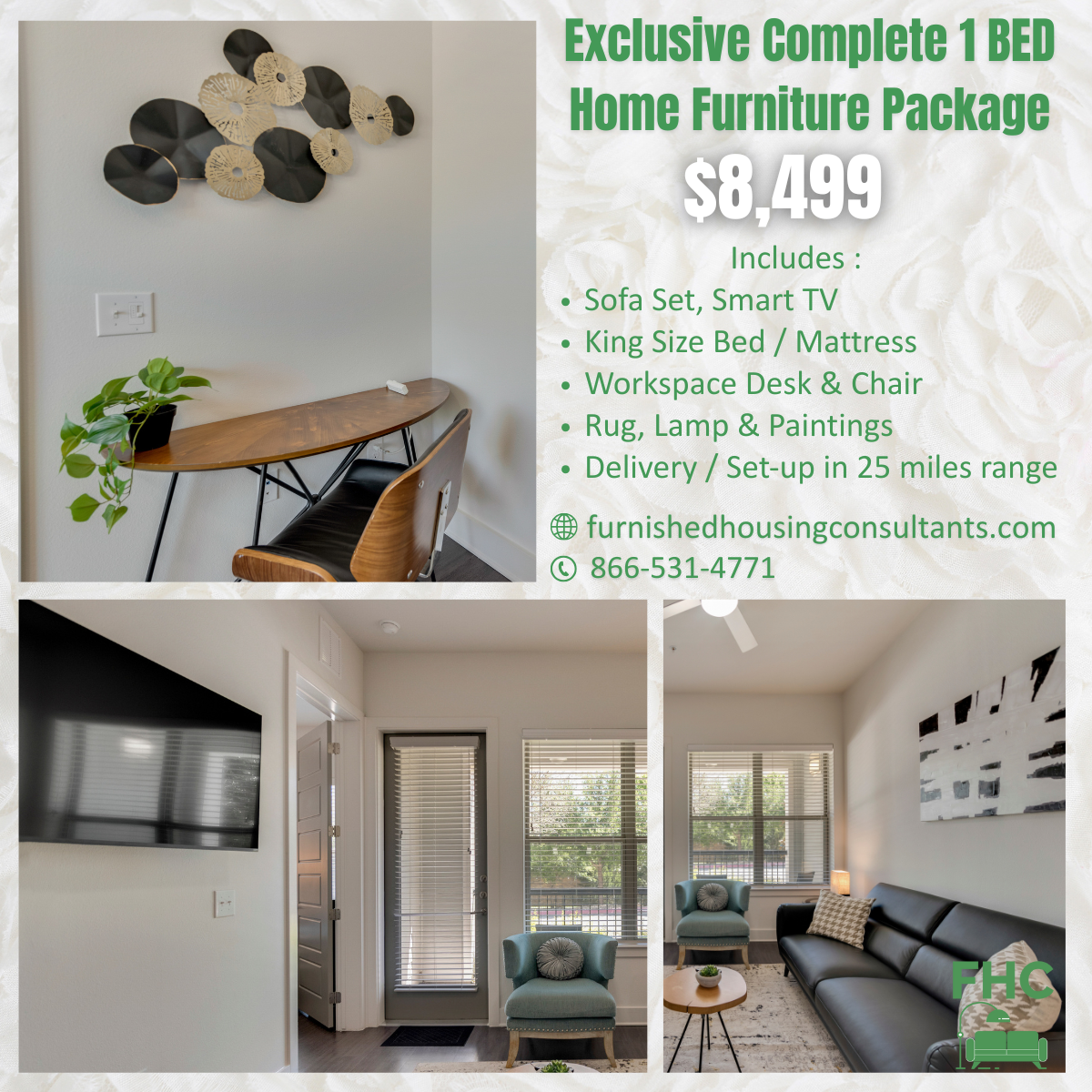 An advertisement for a complete 1 bed home furniture package