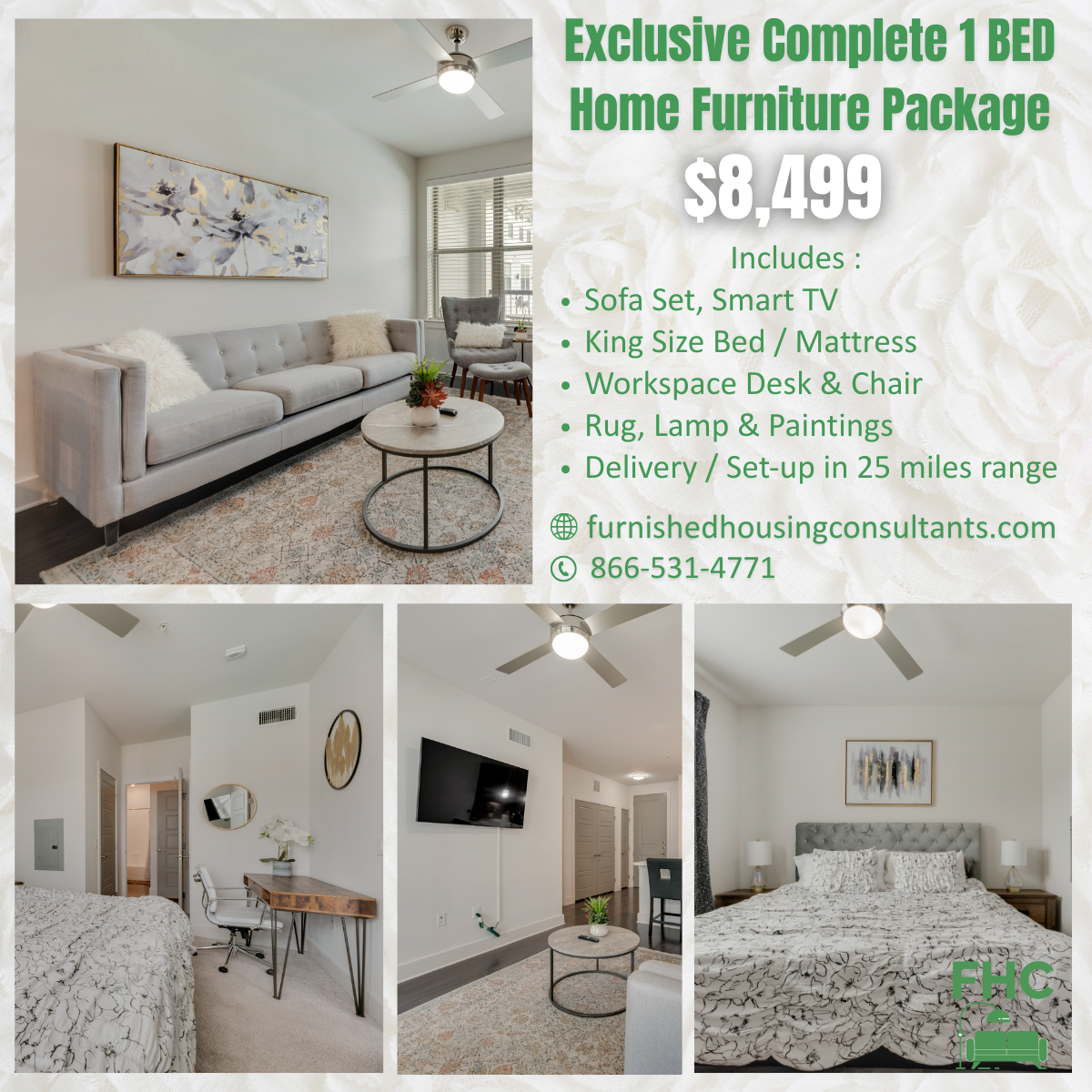 An advertisement for a complete 1 bed home furniture package