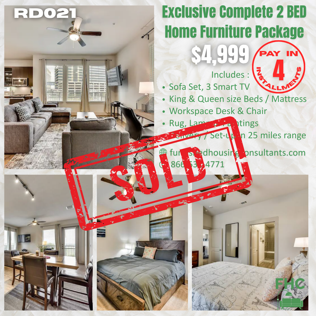 Advertisement for a 2-bedroom home furniture package. Includes living room, dining room, and bedroom furniture for $4,999. 