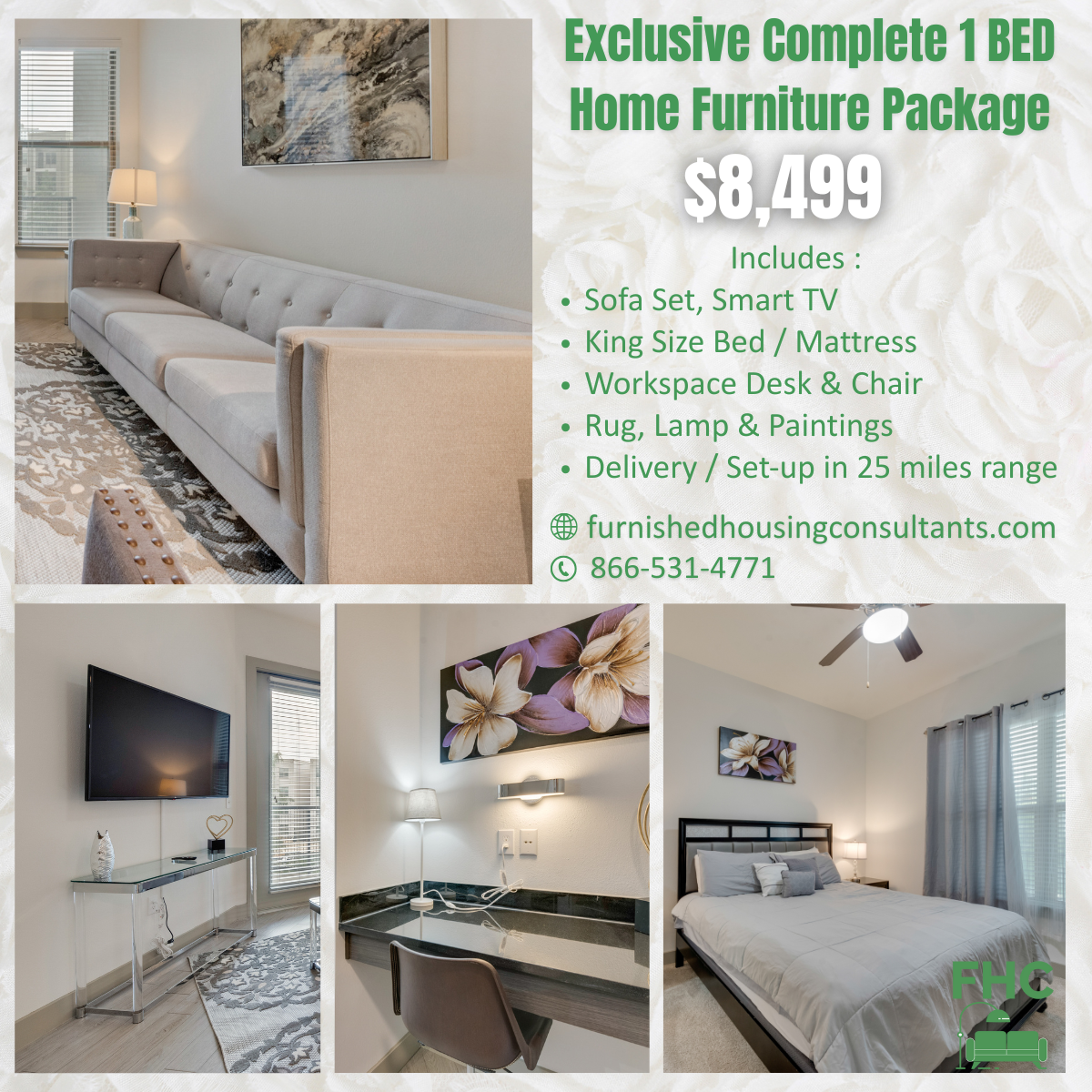 An advertisement for an exclusive complete 1 bed home furniture package