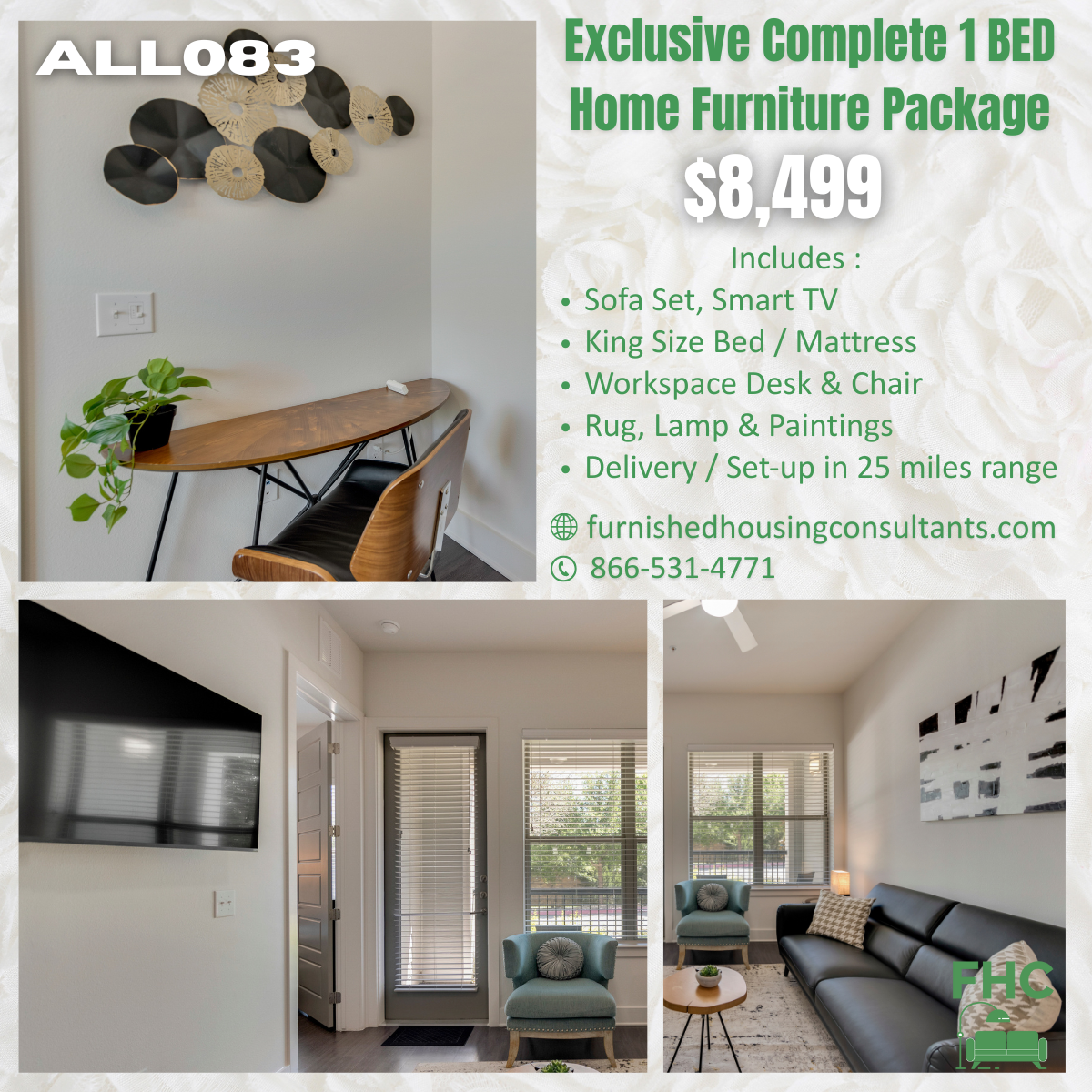 An advertisement for an exclusive complete 1 bed home furniture package