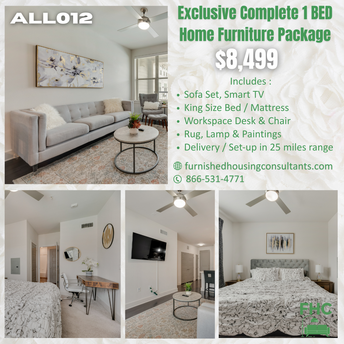 An advertisement for an exclusive complete 1 bed home furniture package