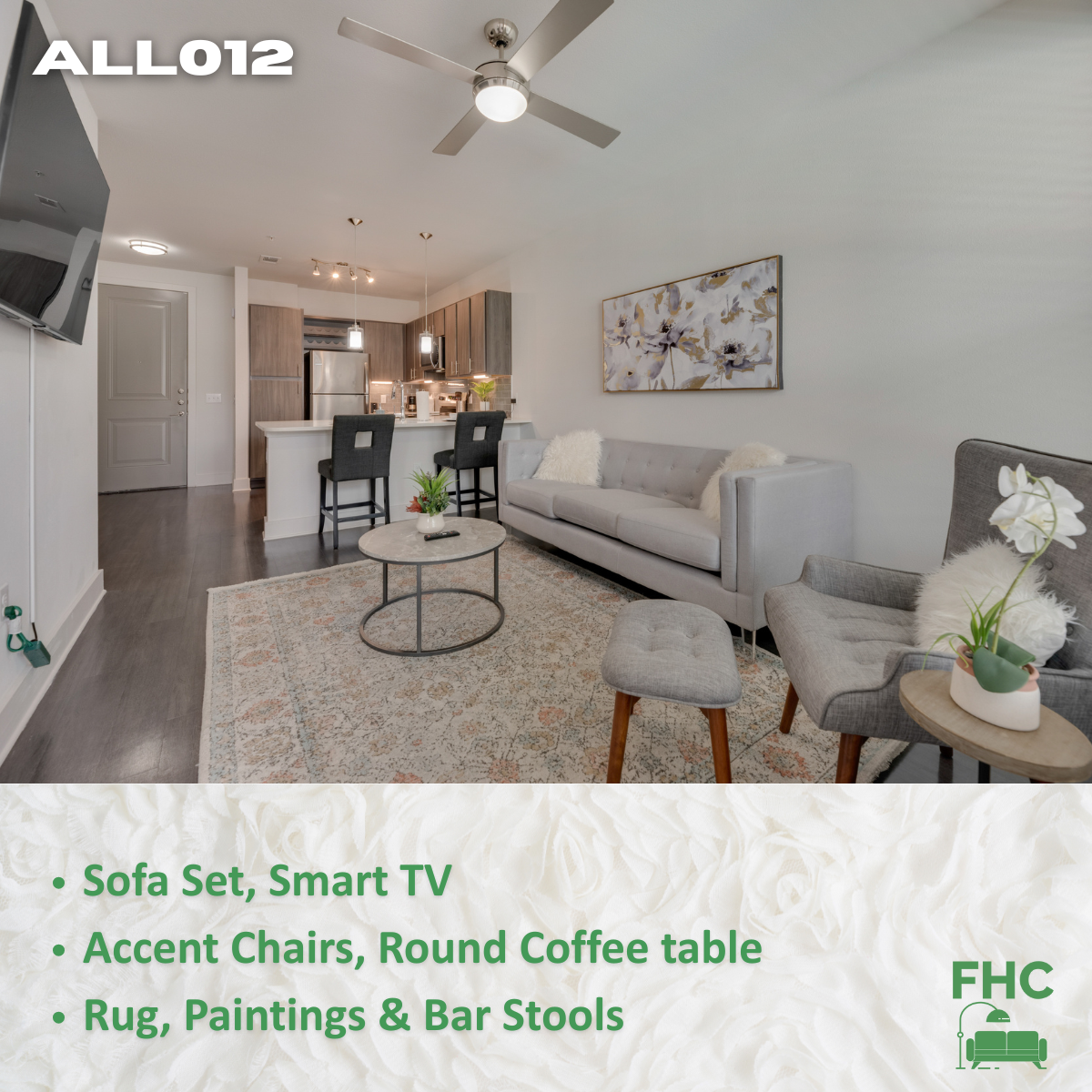 A living room with a smart tv accent chairs round coffee table rug paintings and bar stools