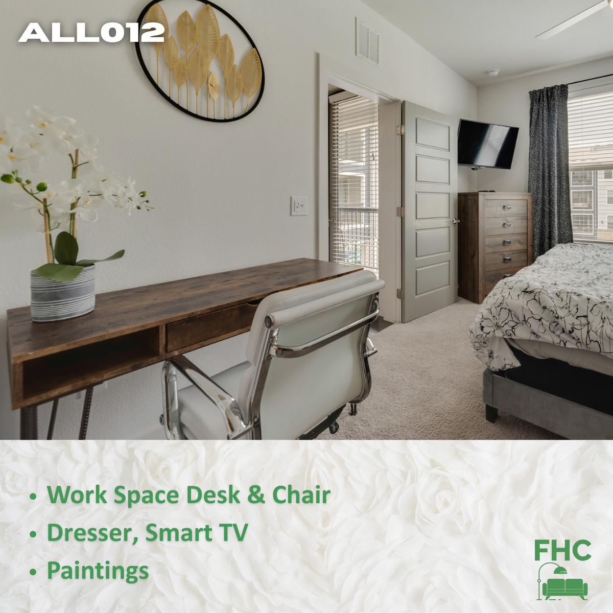 A bedroom with a work space desk and chair