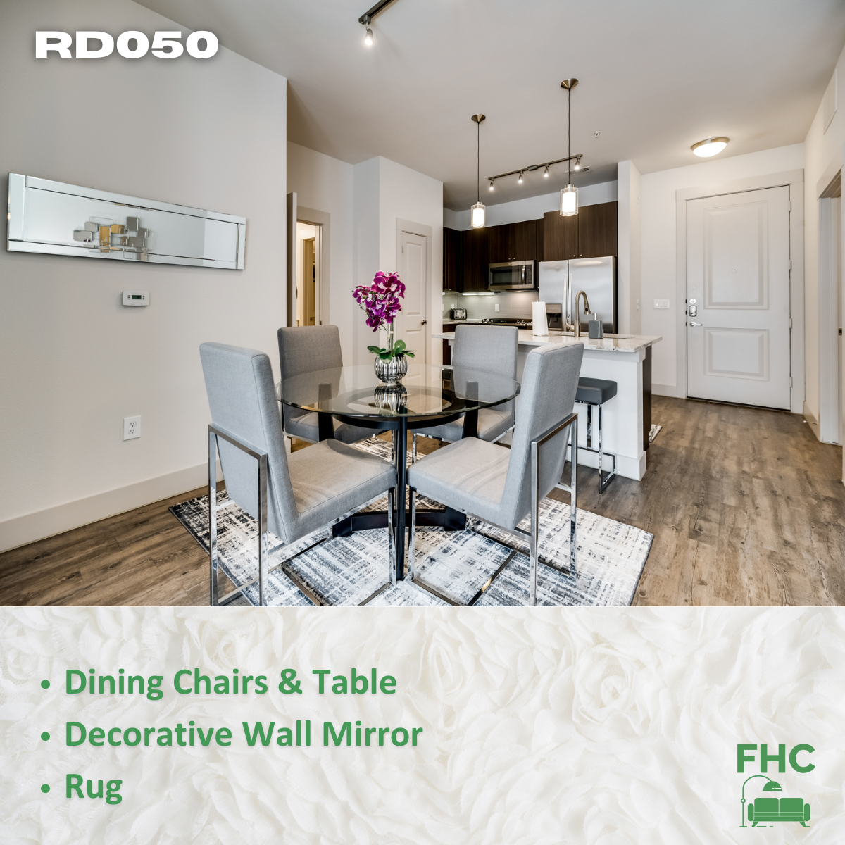 A dining room with a table and chairs and a decorative wall mirror