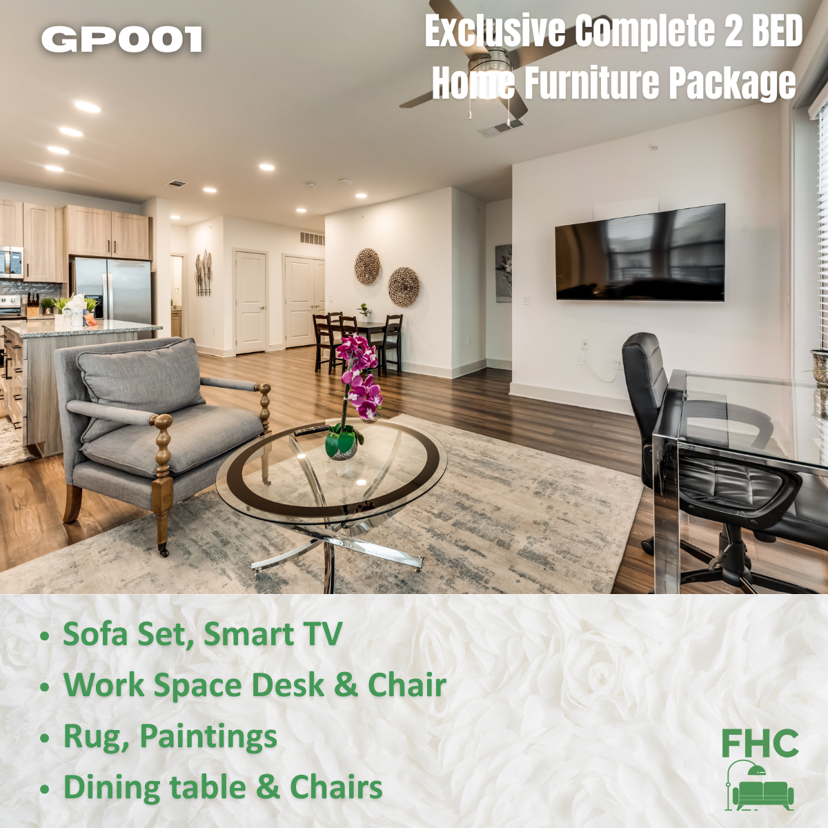Promotional image for a 2-bedroom home furniture package. Shows a furnished living space with a sofa, rug, TV, and dining area. Includes a work space.