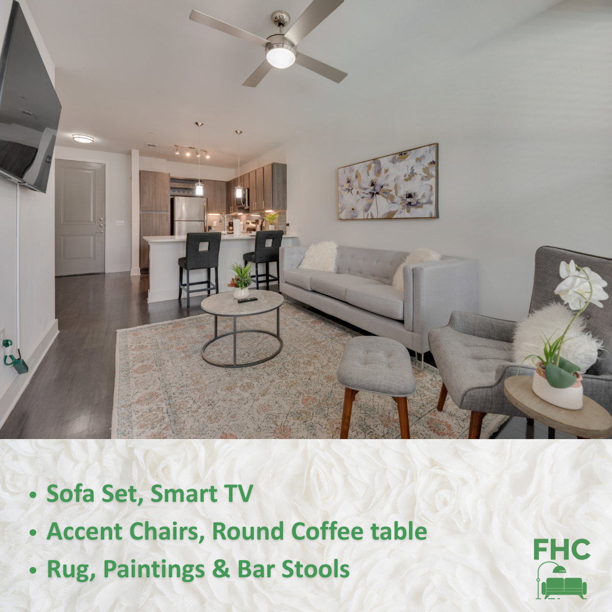 A living room with a smart tv accent chairs round coffee table rug paintings and bar stools