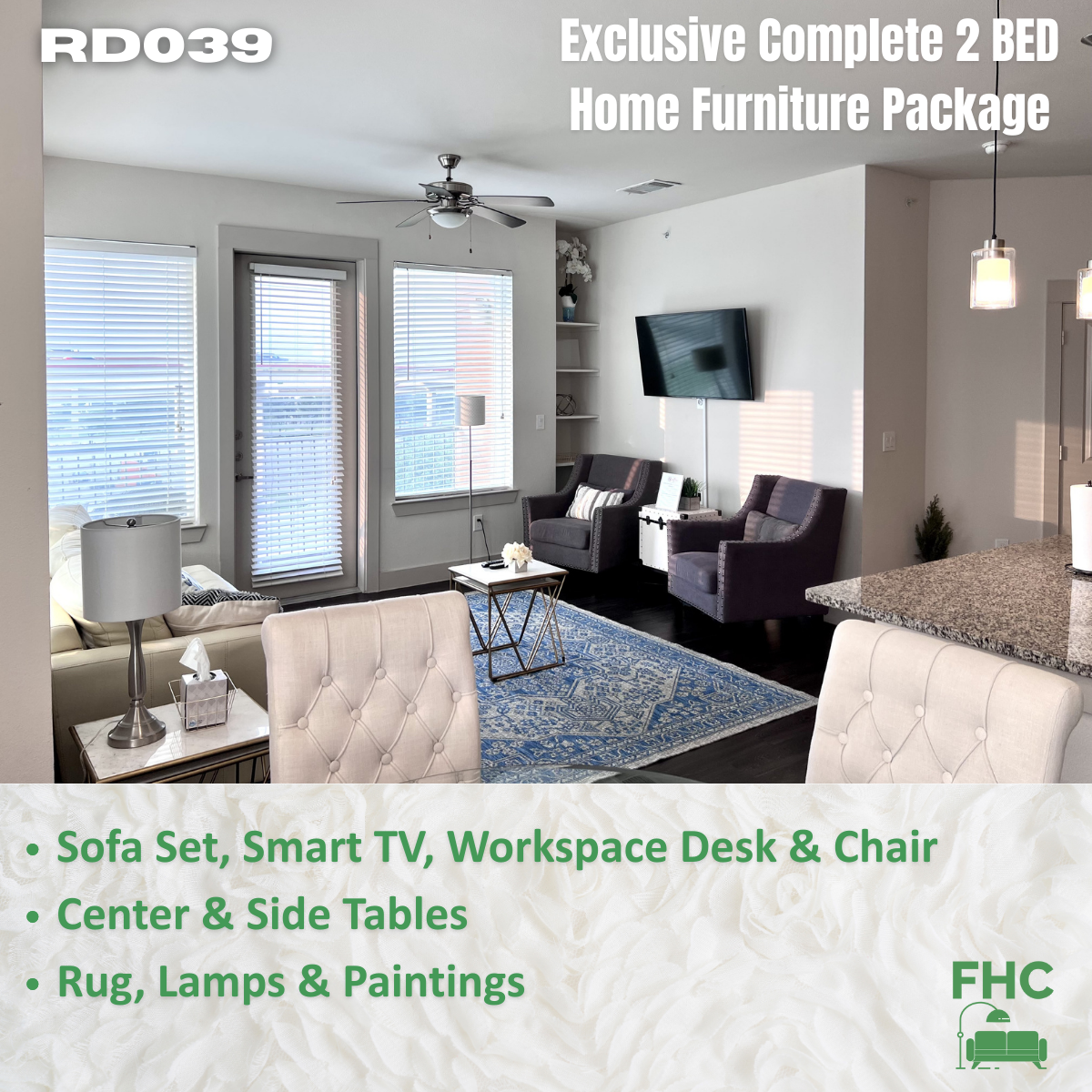 A furnished living room with a sofa, chairs, TV, and furniture package details. The text reads 