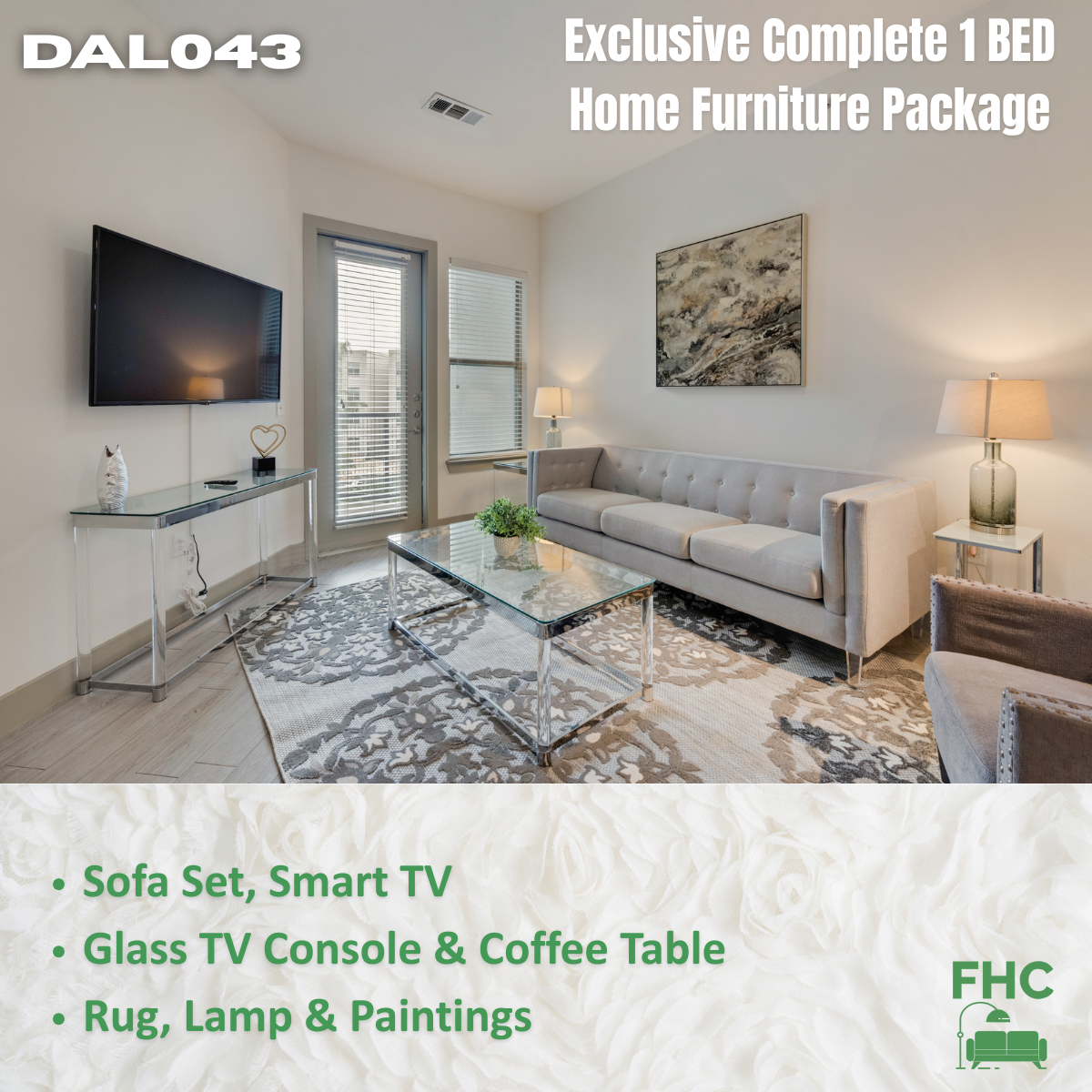 Living room with furniture package: sofa, TV, glass table, rug, lamps. Text: 