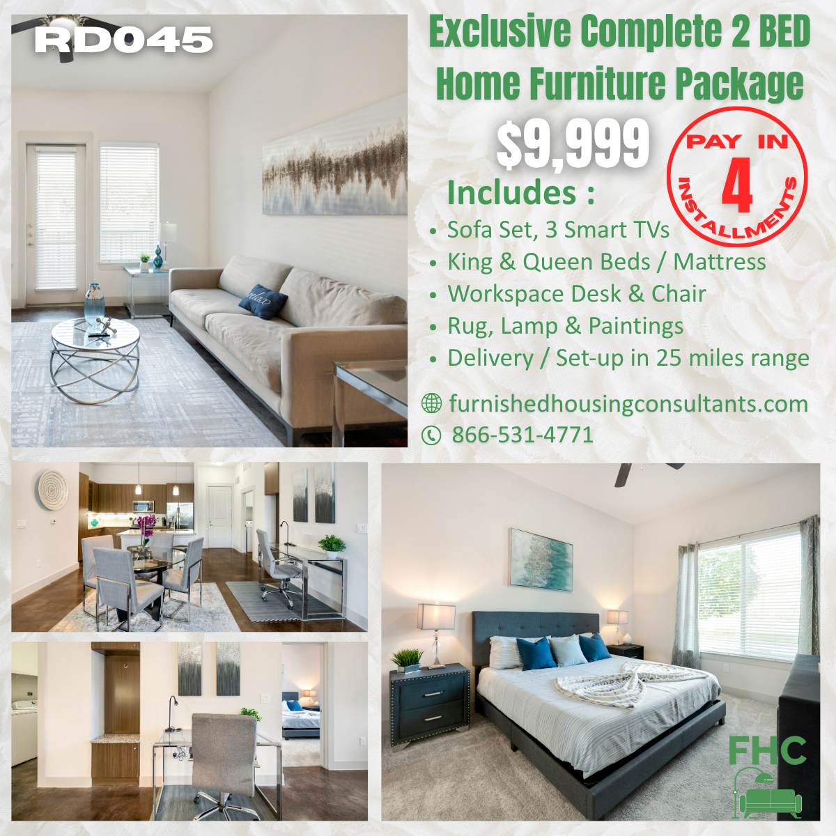 Furniture package ad: Two-bedroom home furniture set for $9,999. 