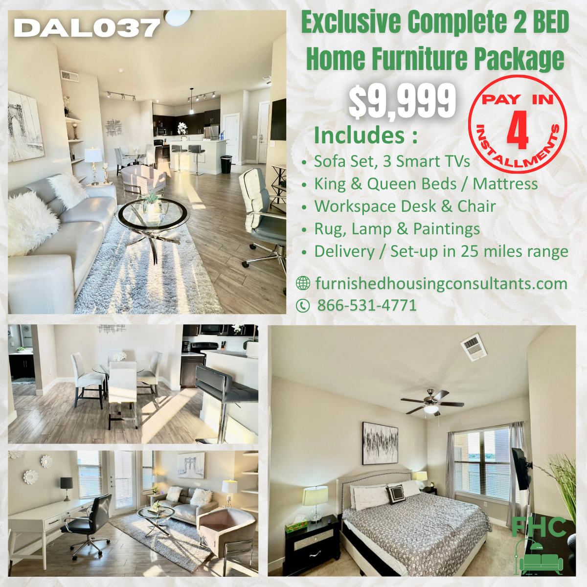 Bedroom with king bed, dresser, and nightstands; part of a complete 2-bedroom furniture package.