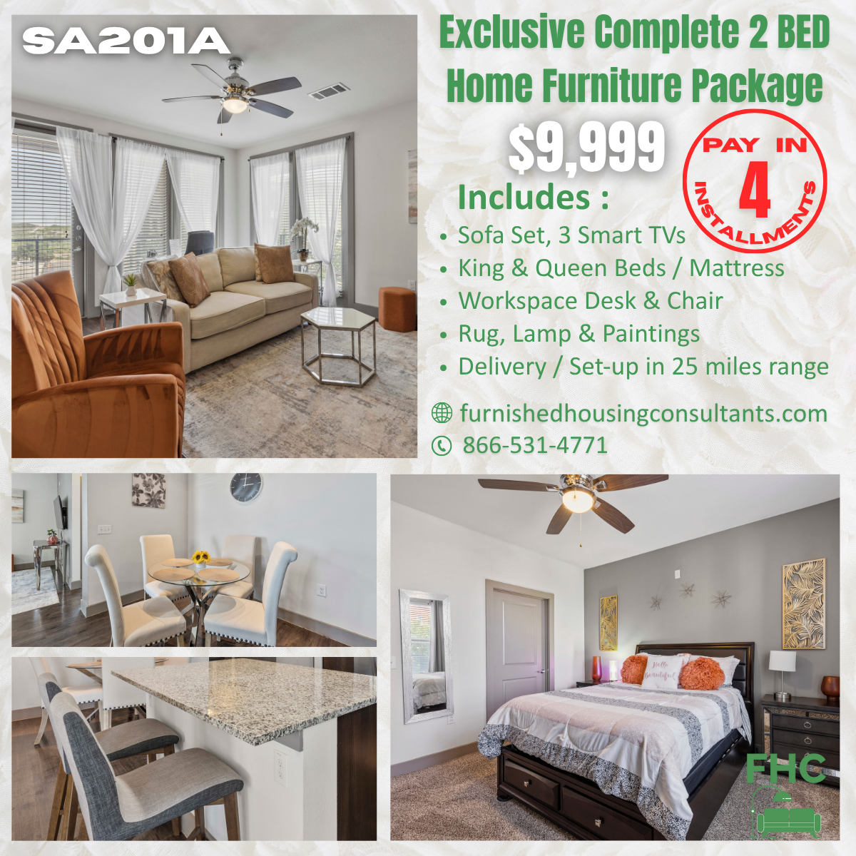 Advertisement for a 2-bedroom home furniture package for $9,999.