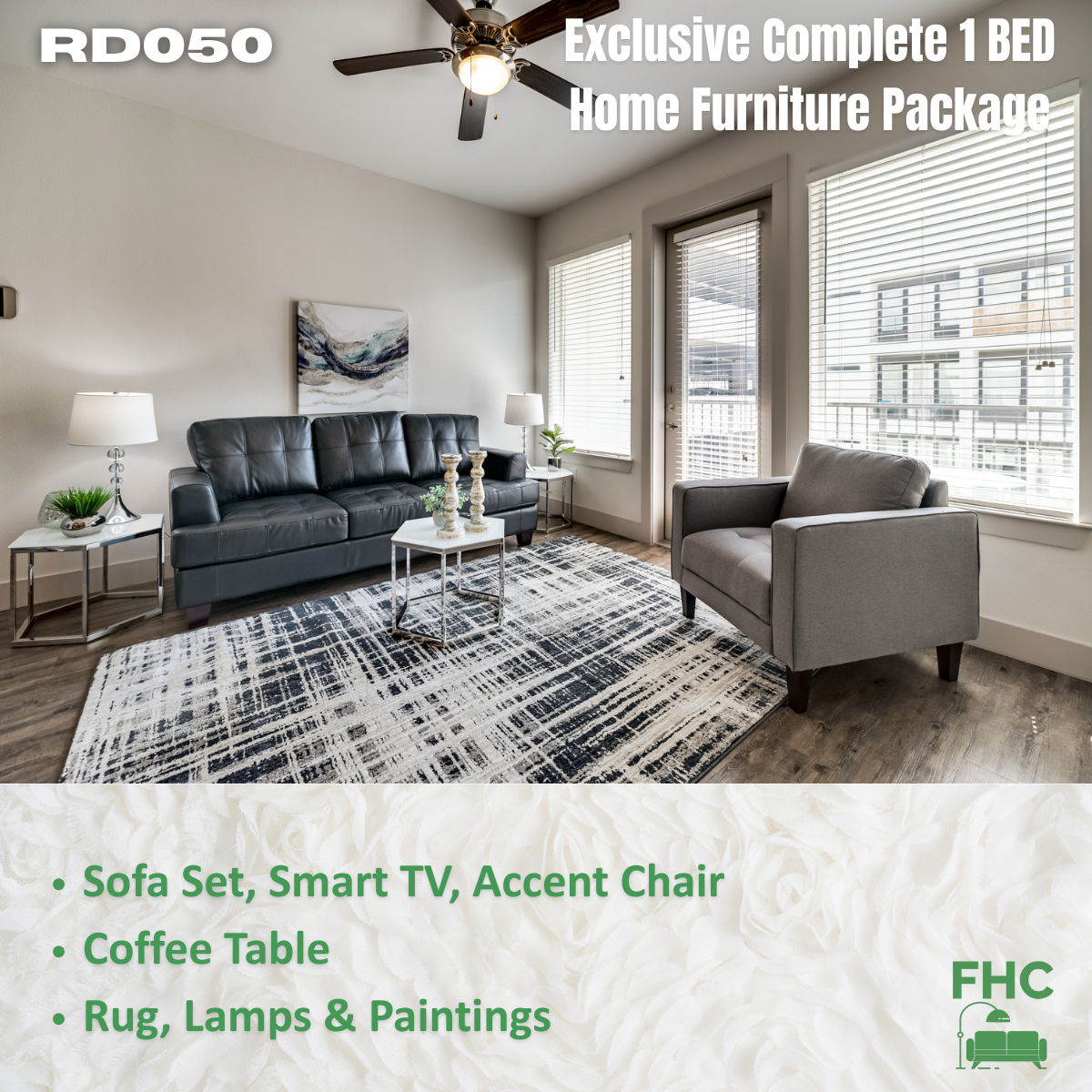 Living room with furniture package: gray sofa, accent chair, coffee table, rug, lamps, and paintings.
