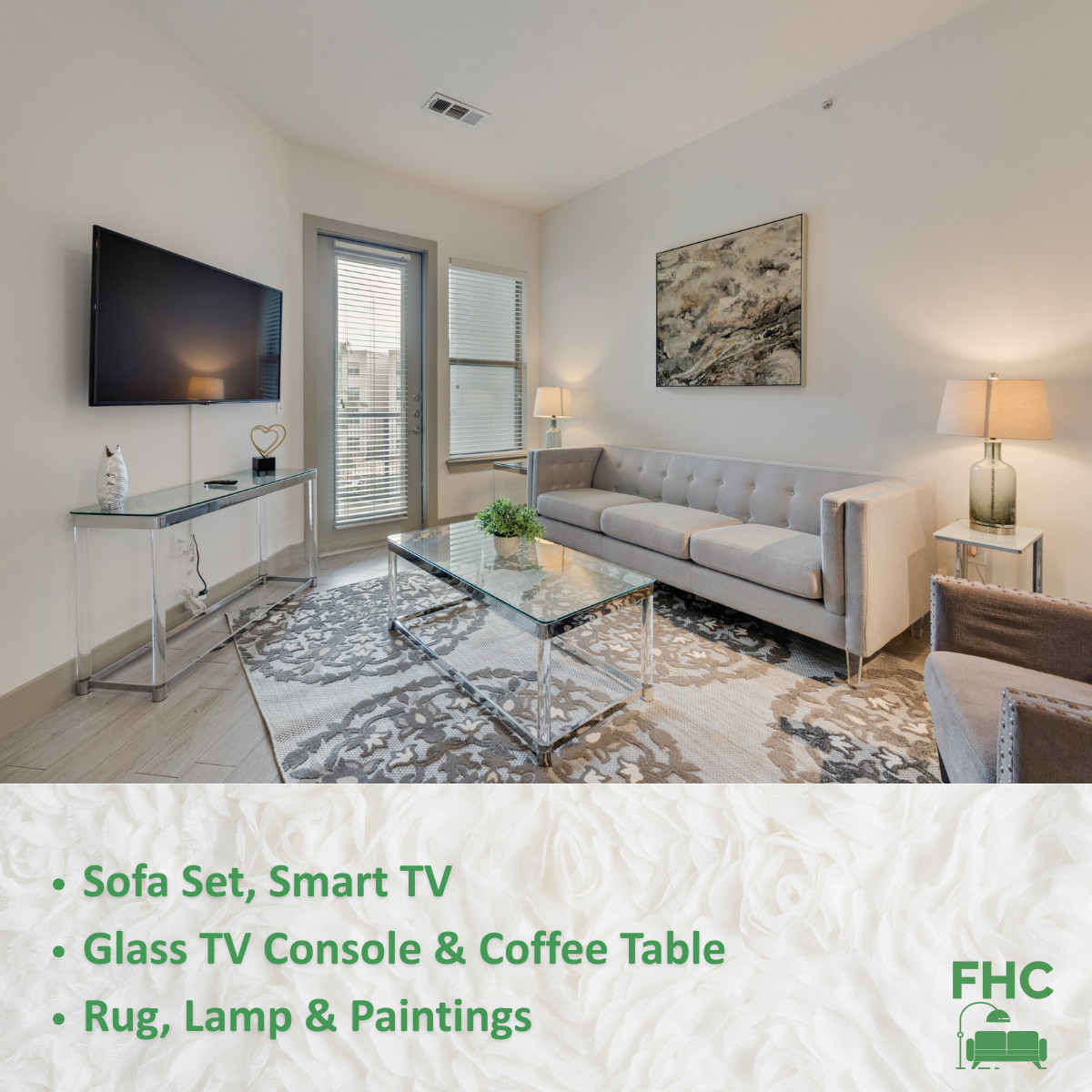 A living room with a couch and a smart tv