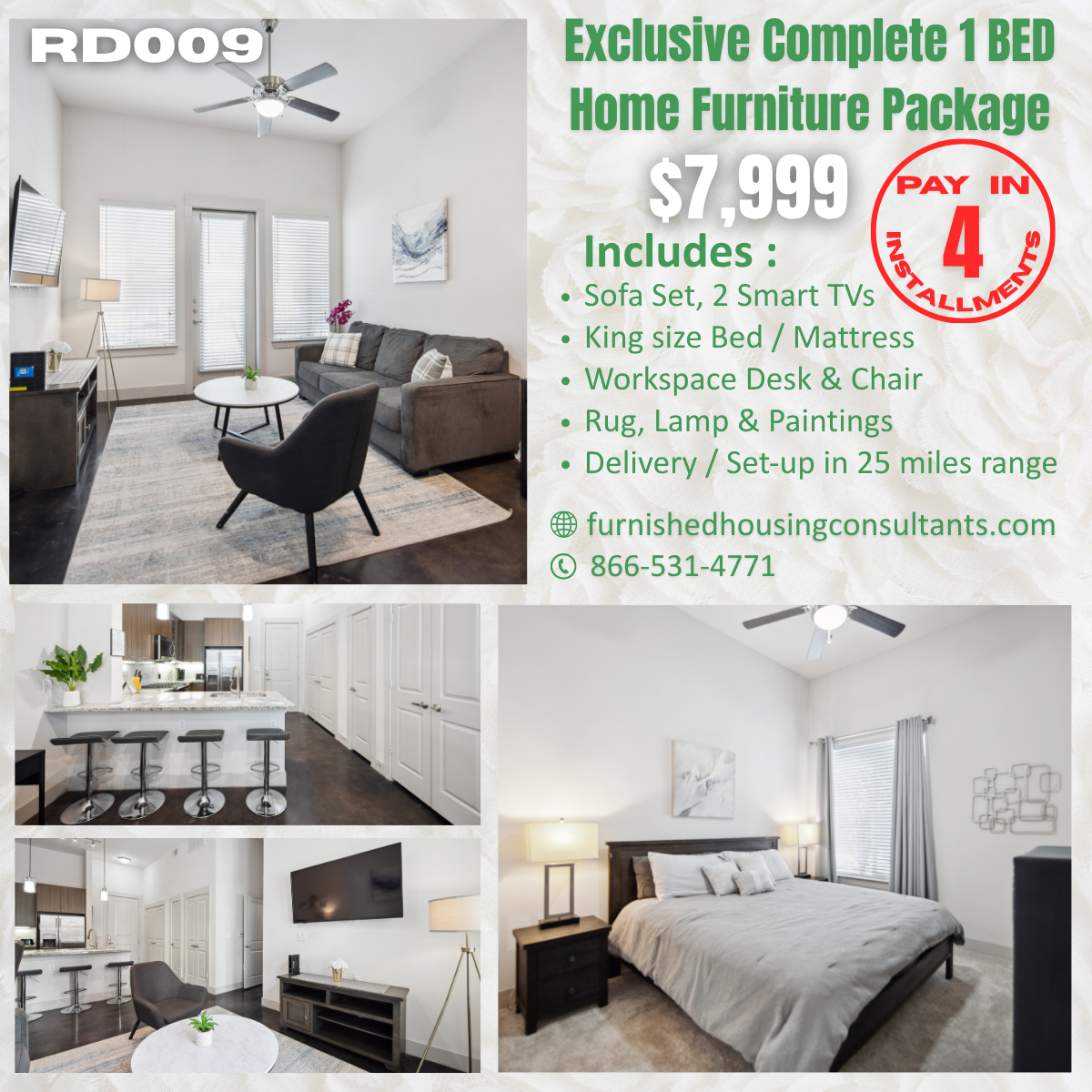 Advertisement for a 1-bedroom home furniture package for $7,999.