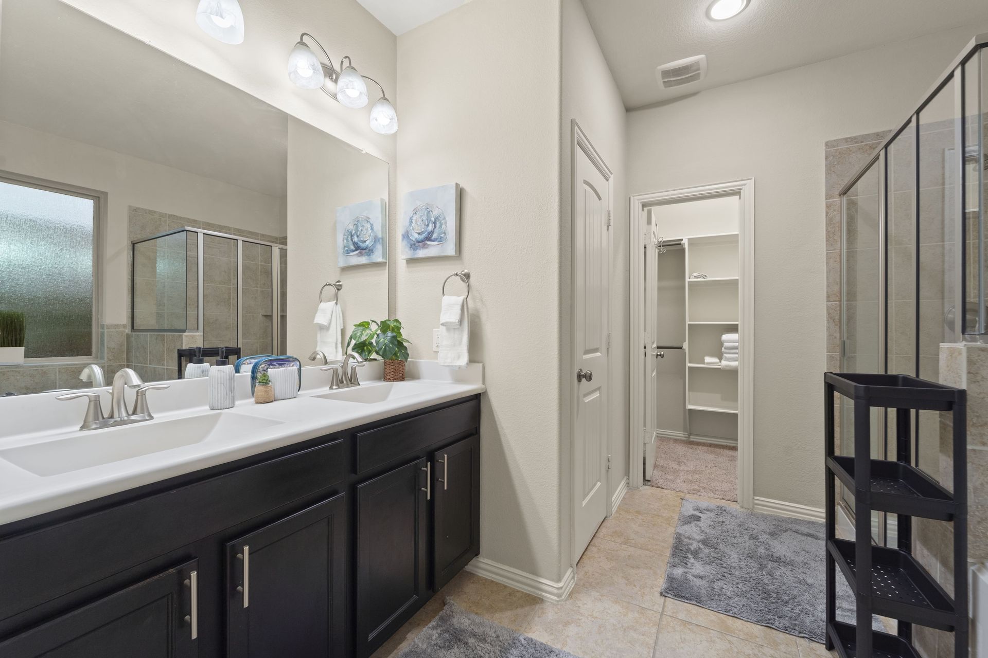 Bathroom with double vanity, walk-in shower, and doorway to a closet. Neutral walls, dark cabinets, and a gray rug.