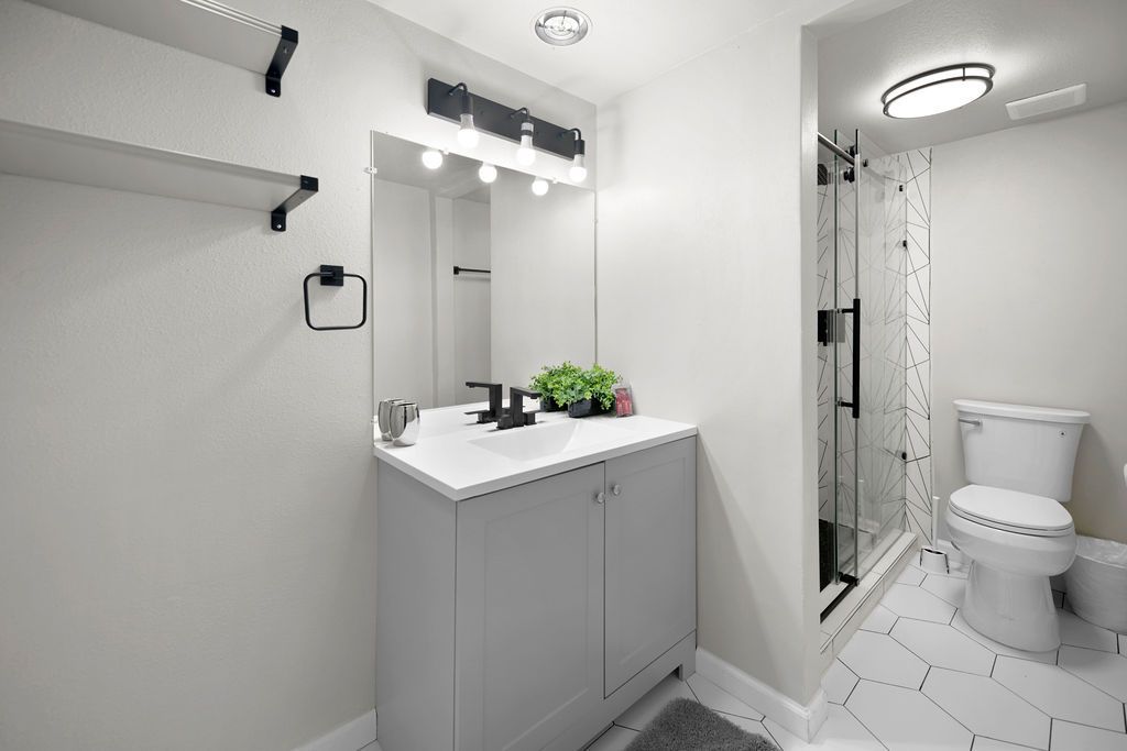 Bathroom with a white vanity, mirror, black light fixtures, and a walk-in shower.