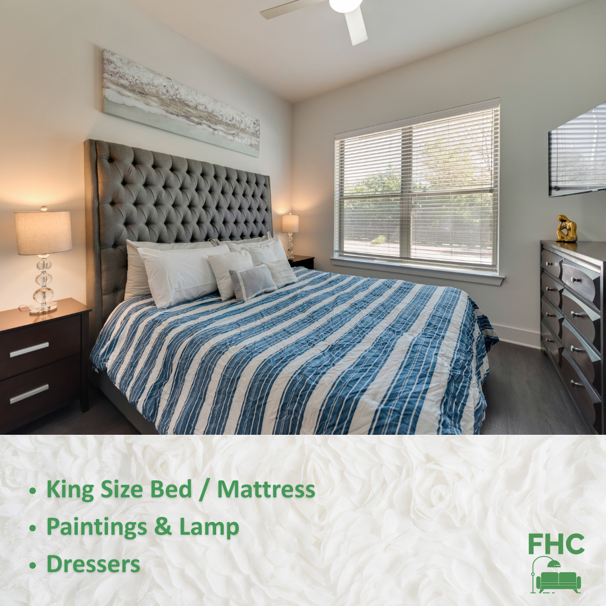 A bedroom with a king size bed and a mattress