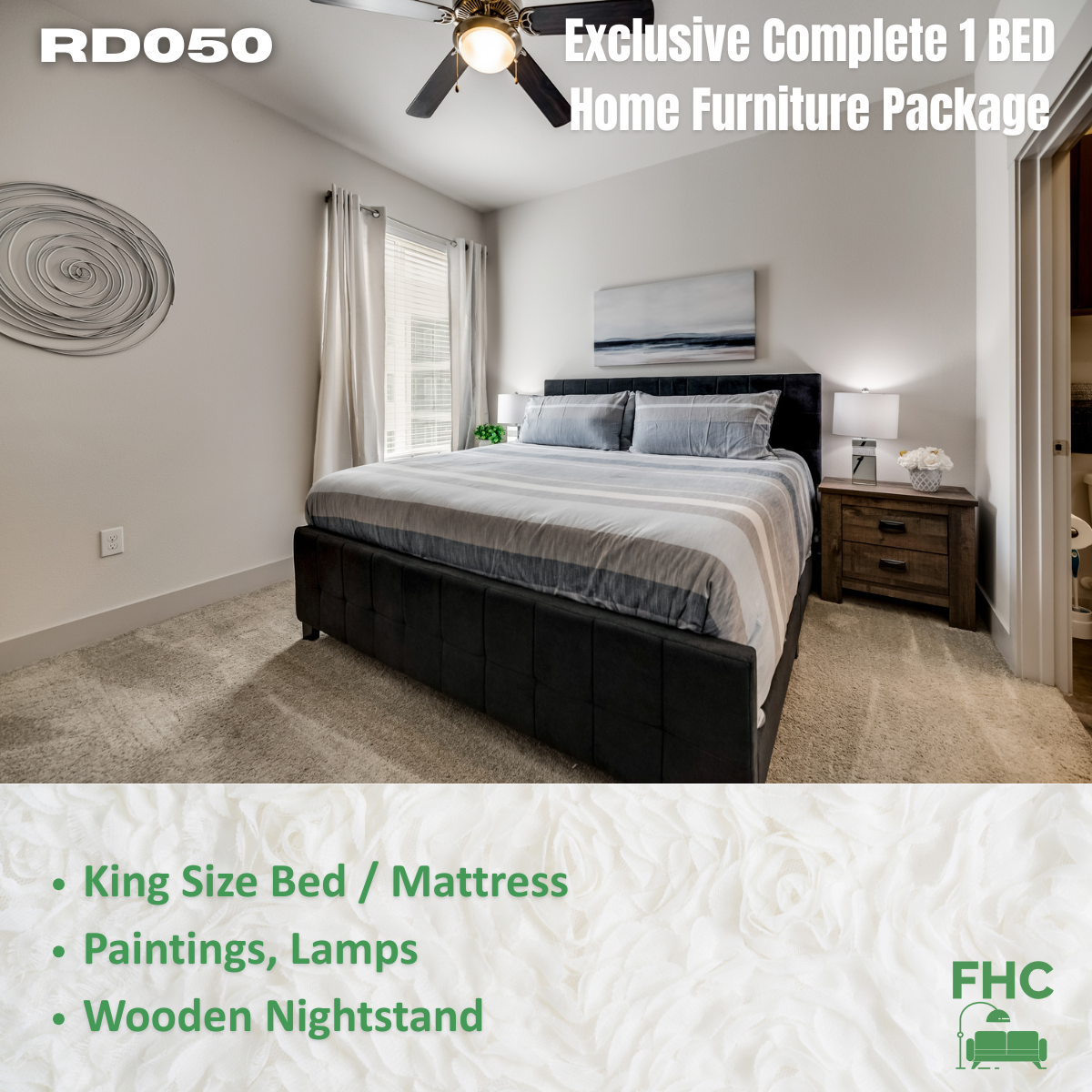 Bedroom with king-size bed, nightstand, paintings, and lamps. Text: 