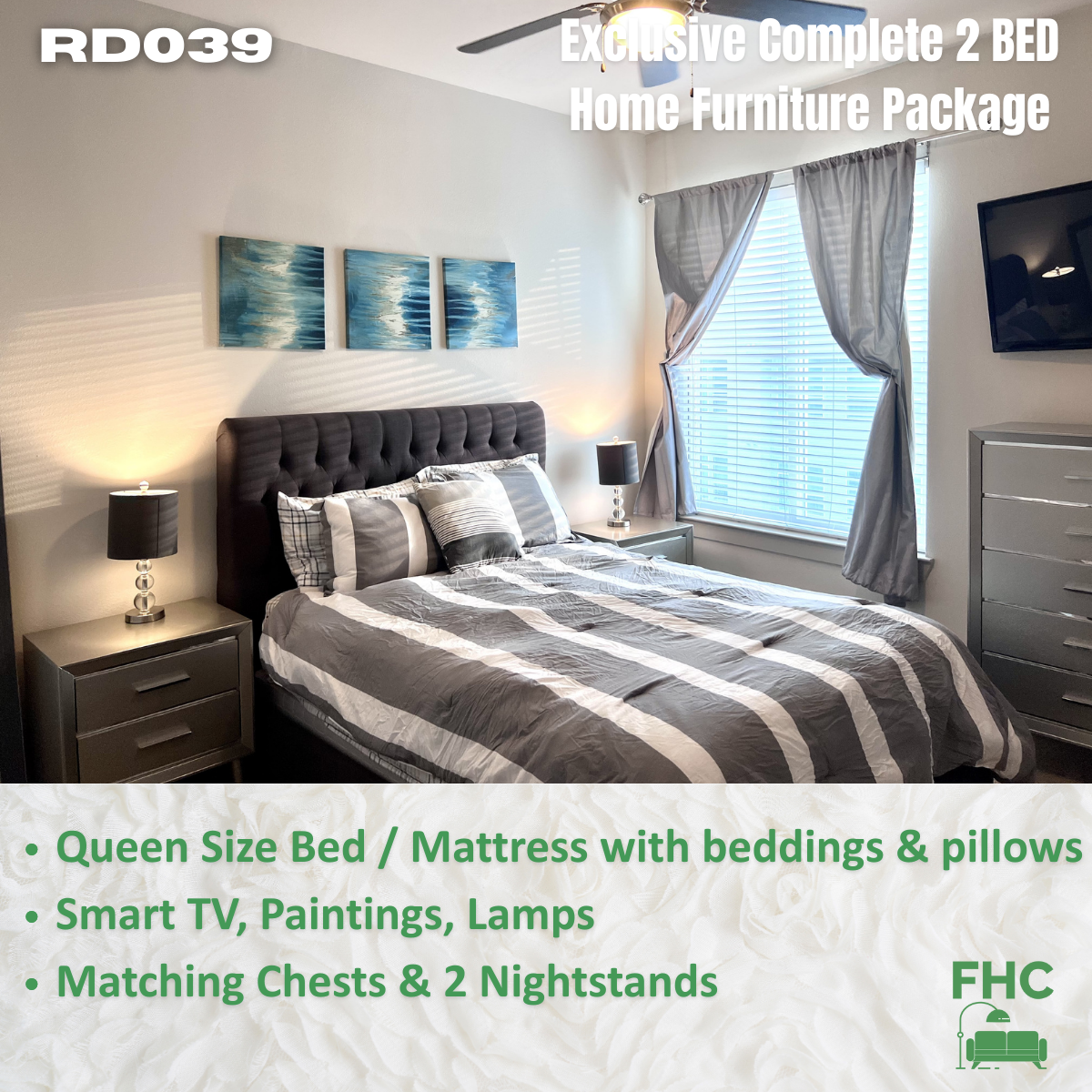 Bedroom with queen bed, matching furniture, and decor. Text indicates a 2-bed home furniture package.