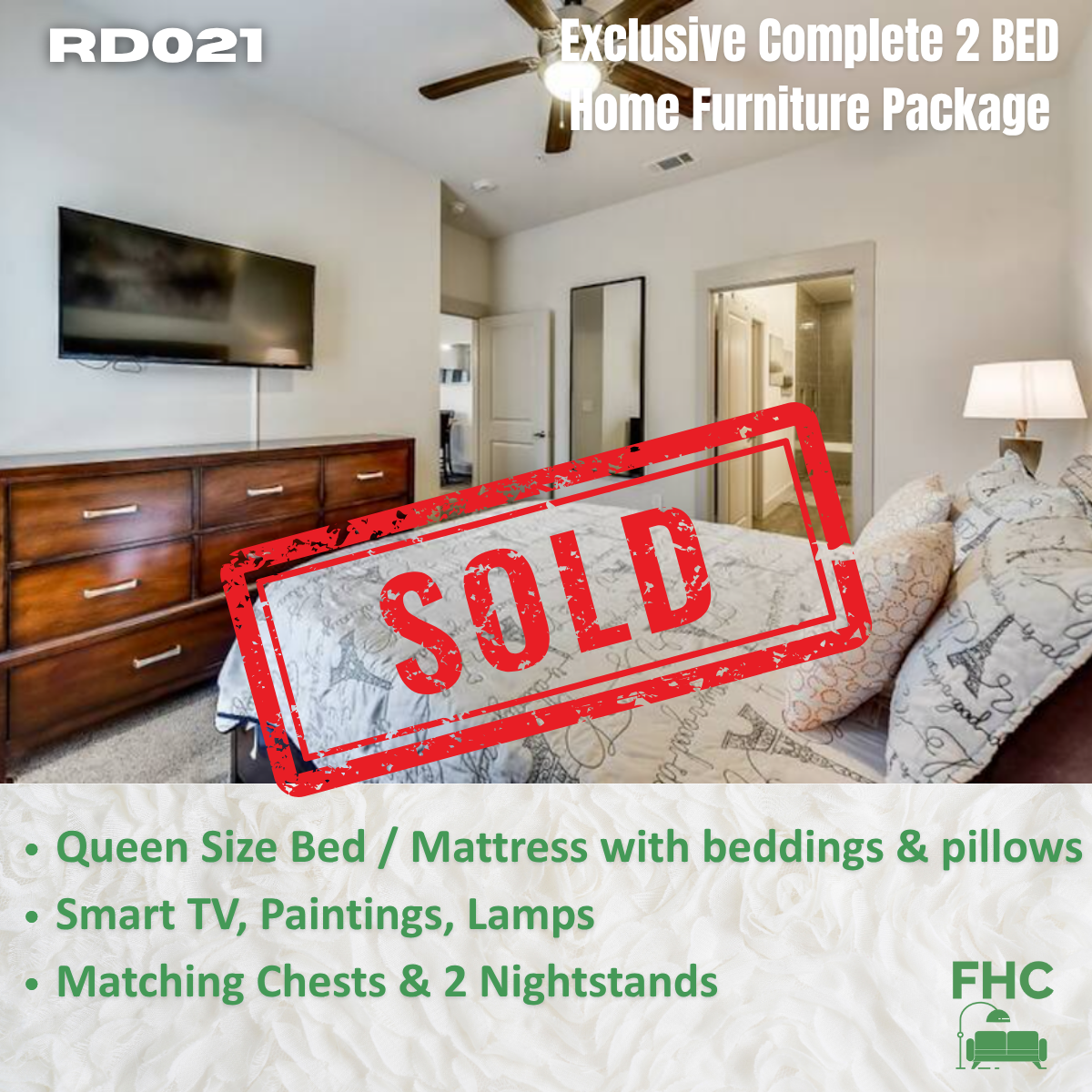Bedroom furniture package: Queen bed, TV, chest, nightstands. 