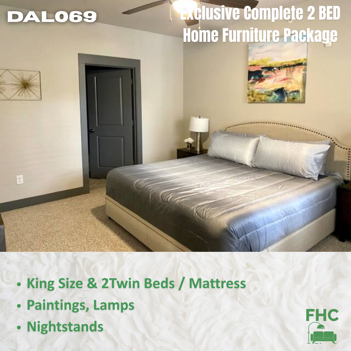 Bedroom with king bed, art, nightstands, and marketing text.