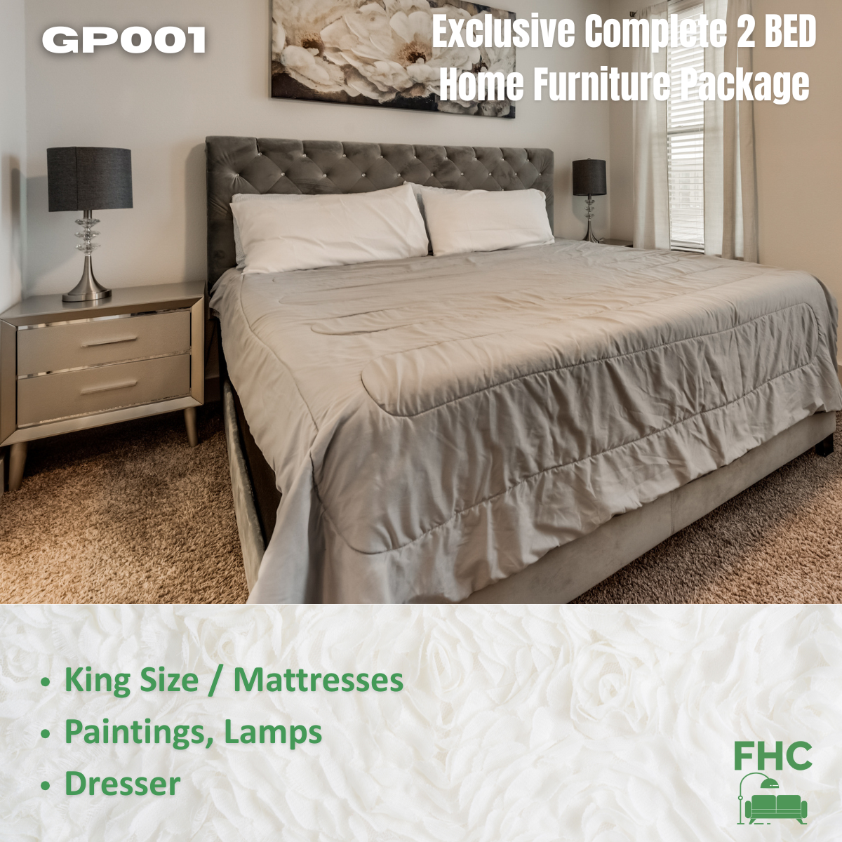 Bedroom furniture package: king-size bed, nightstand with lamp, art, and dresser. Text promotes a complete 2-bedroom home package.