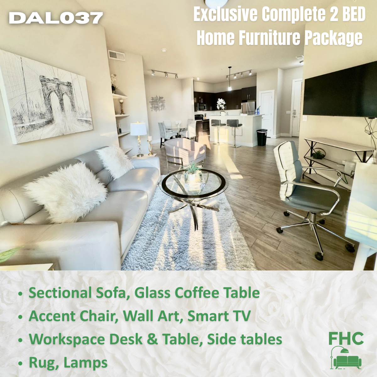 Apartment interior with furniture package. Includes sofa, coffee table, art, desk and TV.