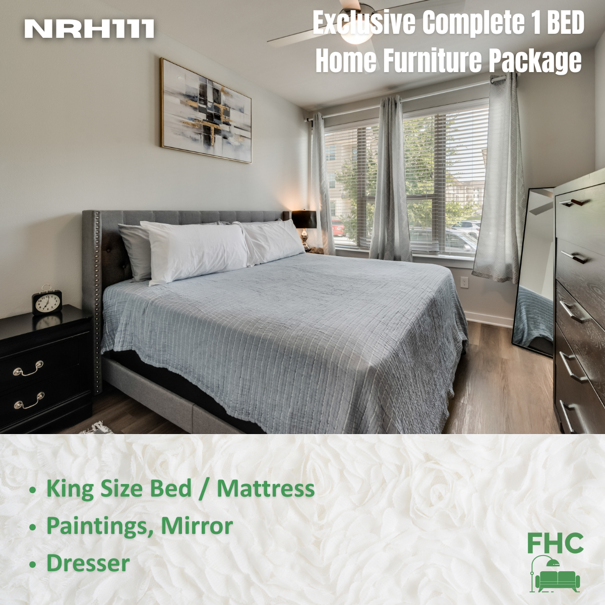 Bedroom with king-size bed, dresser, paintings, and mirror. Text reads 