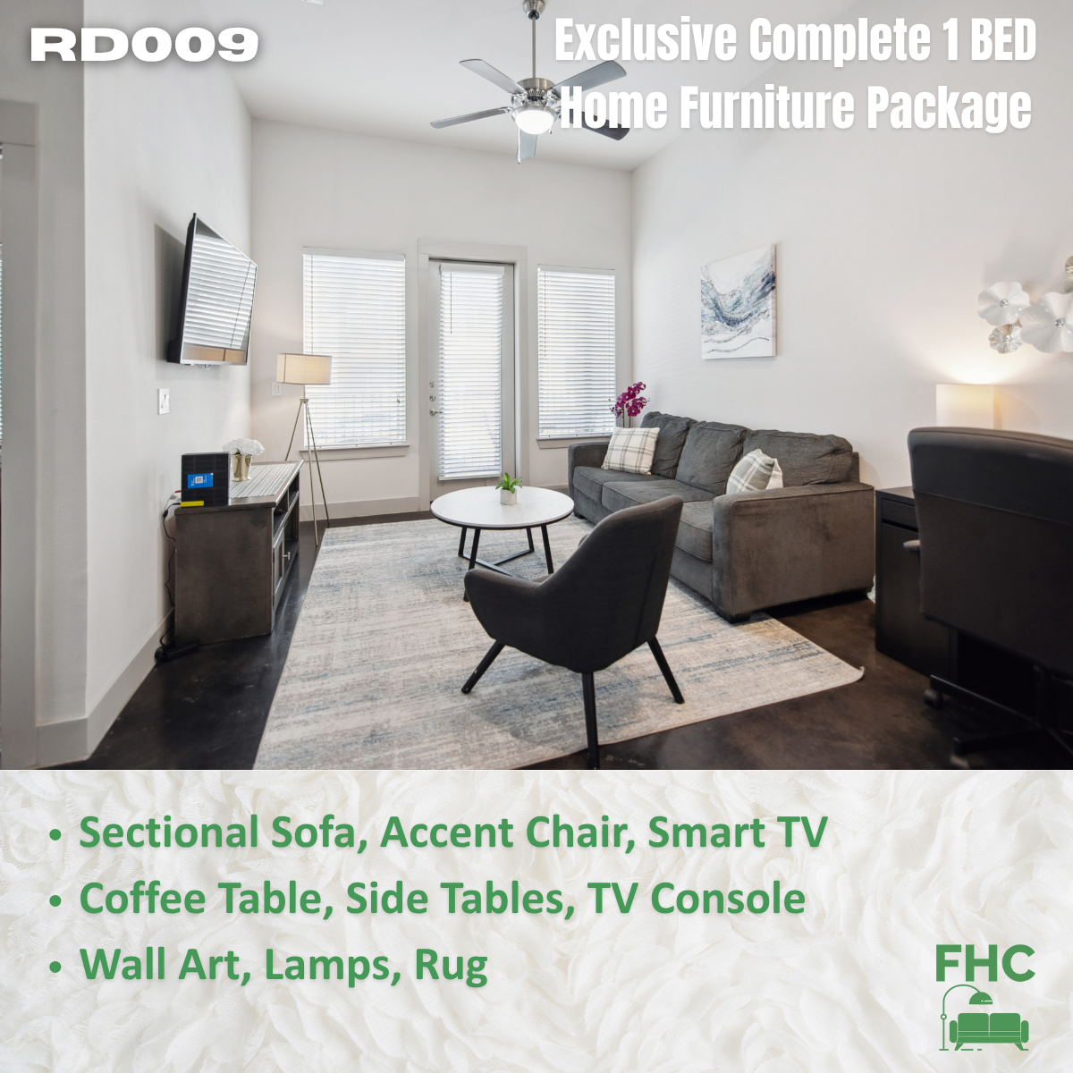 Living room with gray sofa, accent chair, TV, rug. Home furniture package ad.