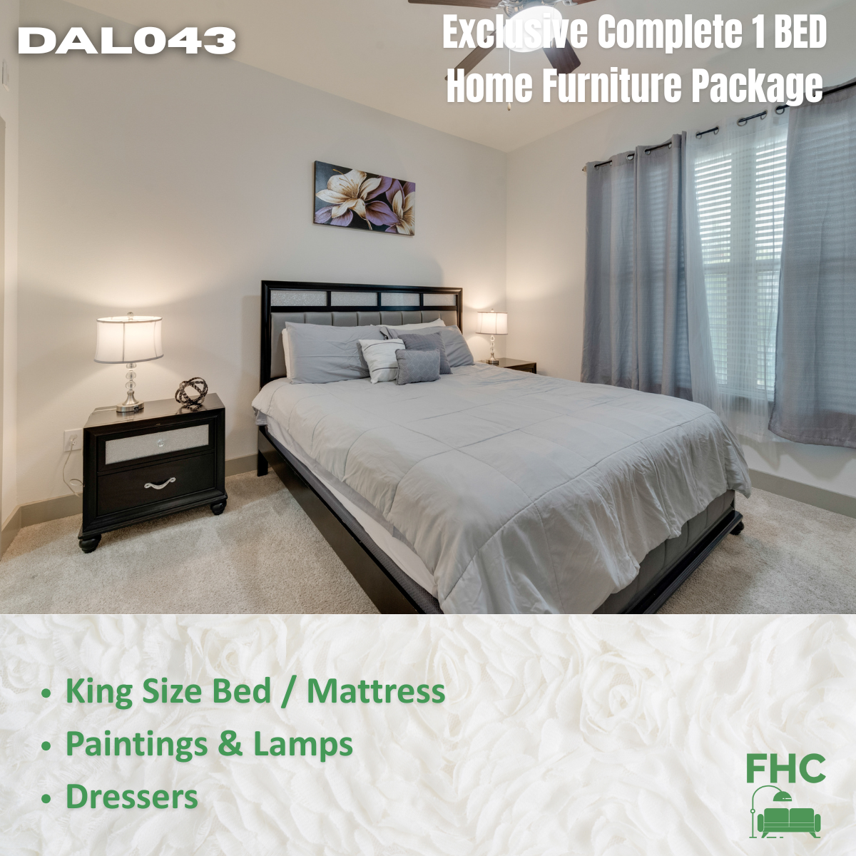 Bedroom with king-size bed and furniture package. Includes paintings, lamps, and dressers.