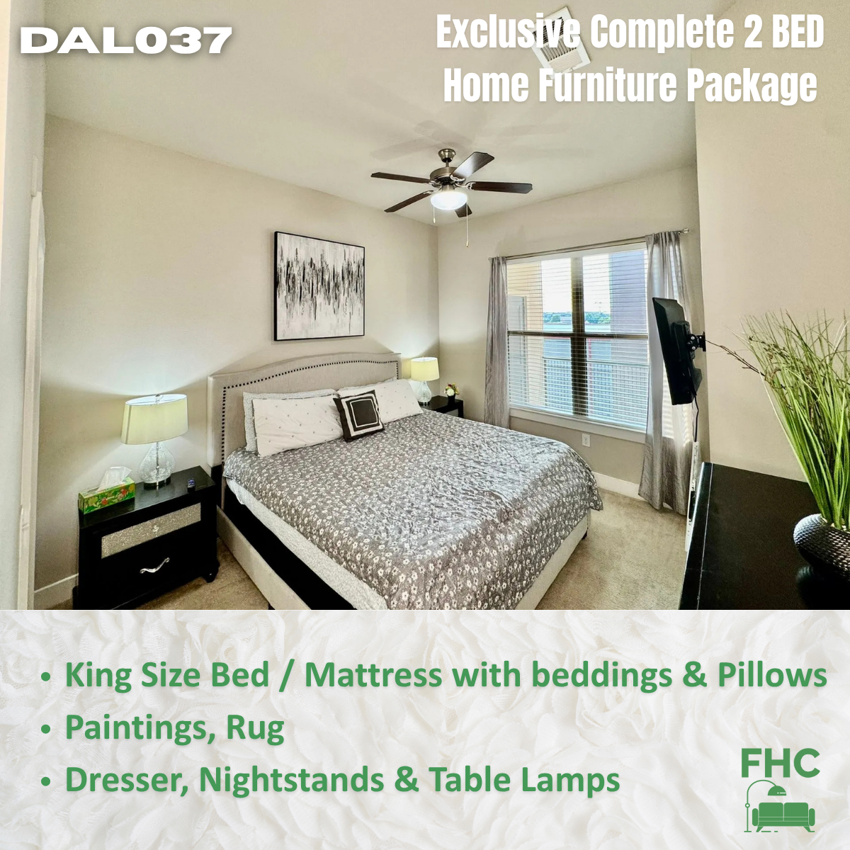 Bedroom with queen bed, dresser, nightstands, lamps, wall art, and mirror. Complete home furniture package.