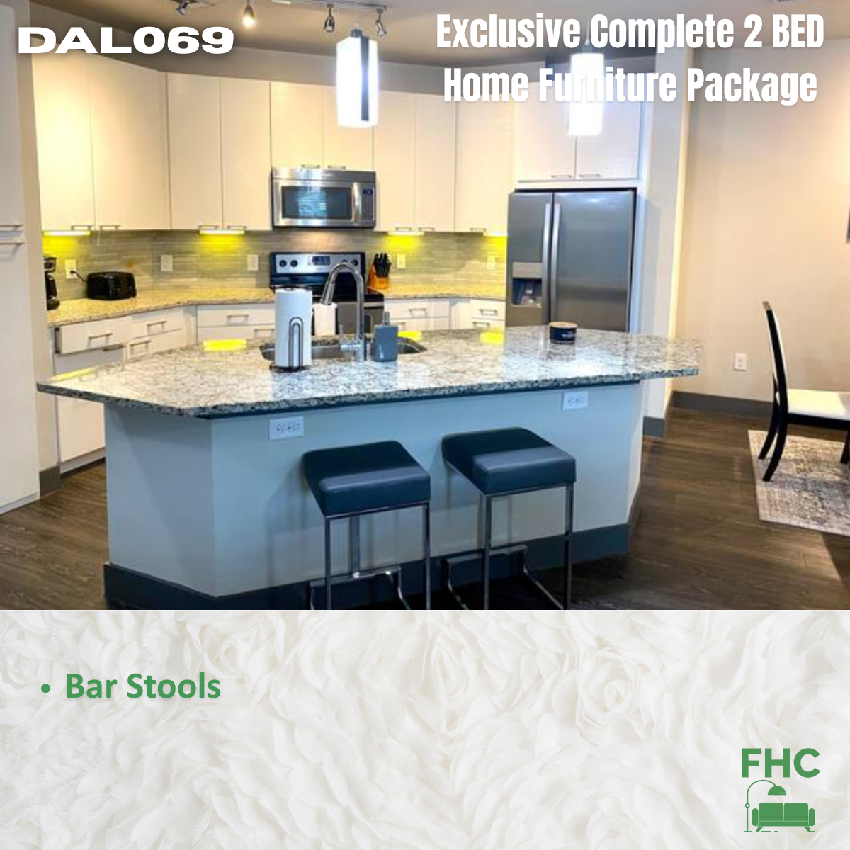 Modern kitchen with island, bar stools, and cabinetr