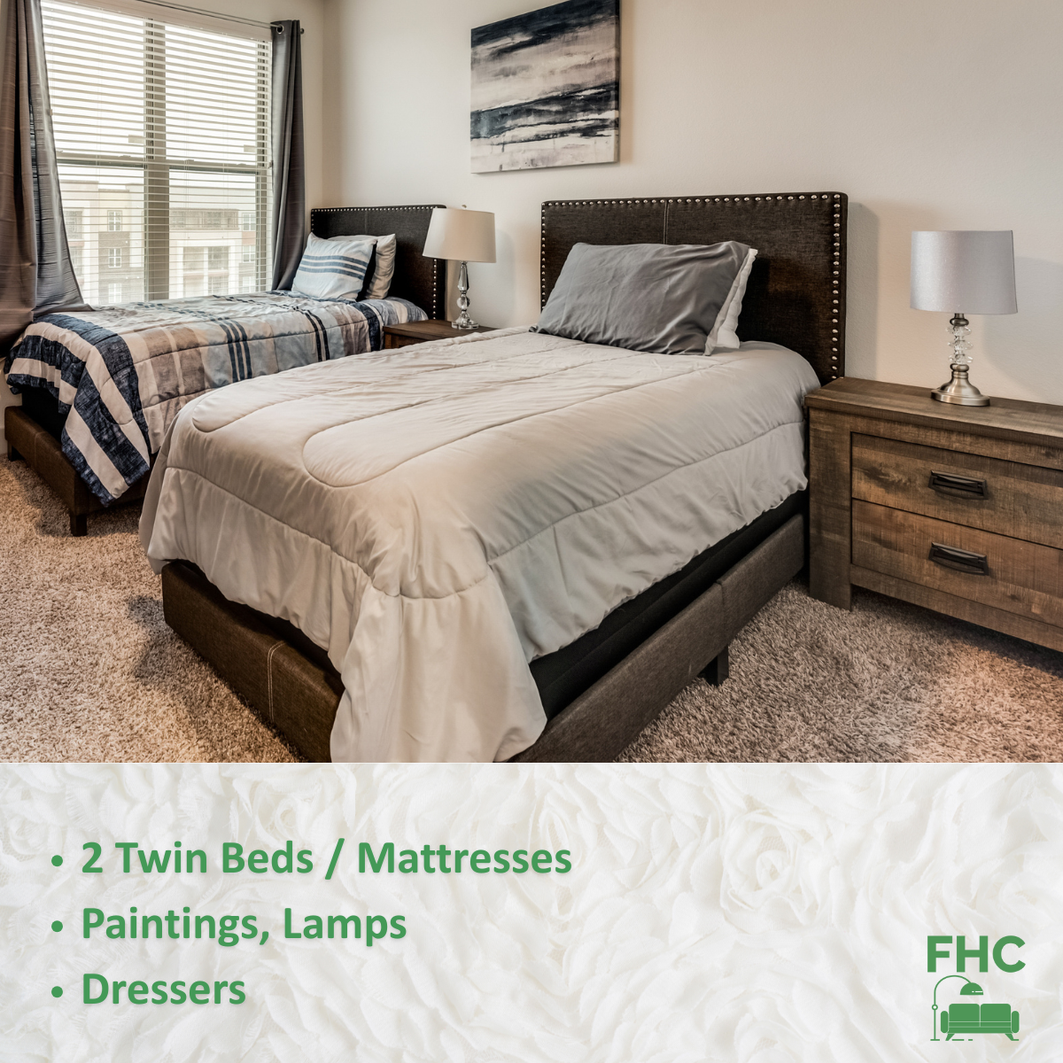 A bedroom with two twin beds mattresses paintings lamps and dressers