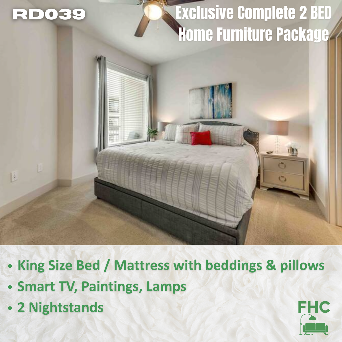 Bedroom with king-size bed, two nightstands, and included furnishings. Text overlay advertises a complete furniture package.