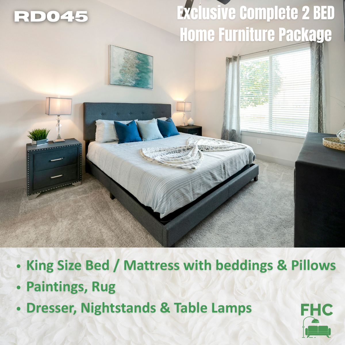 Bedroom with a king-size bed, nightstands, a dresser, and lamps. 