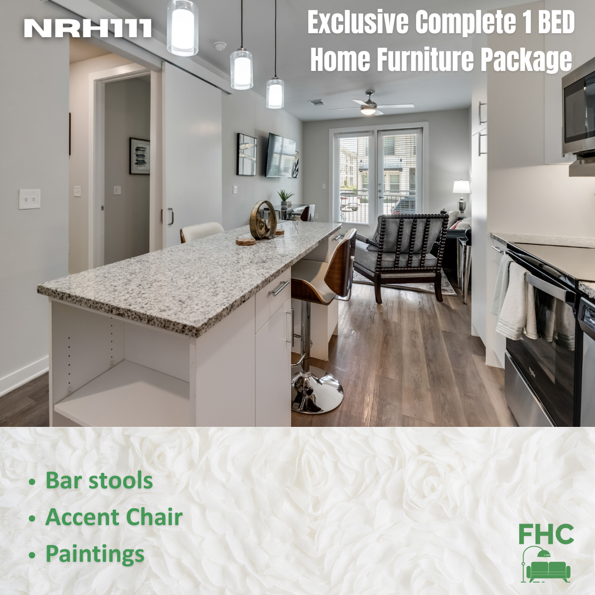 Kitchen and living area with a furniture package, including bar stools and an accent chair. The text advertises a complete one-bedroom furniture package.