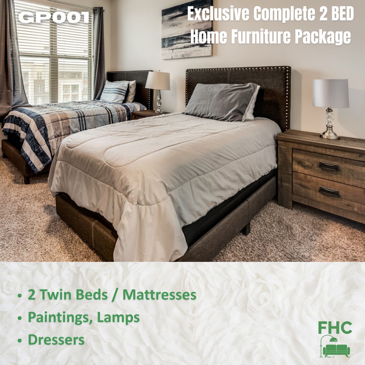 A bedroom with two twin beds, dressers, lamps, and artwork; advertisement for a home furniture package.