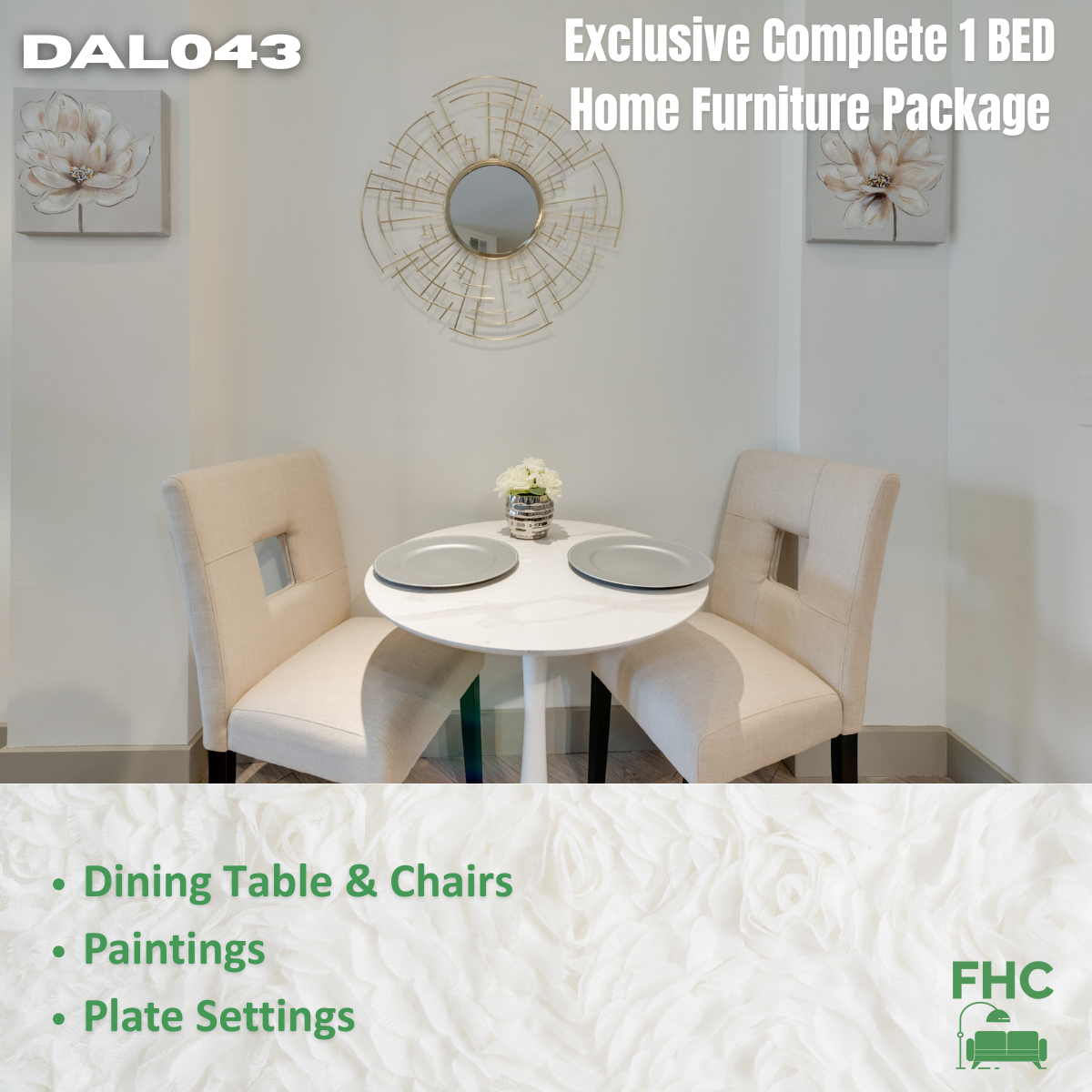A dining set, paintings, and place settings showcased for a complete 1-bedroom home furniture package.