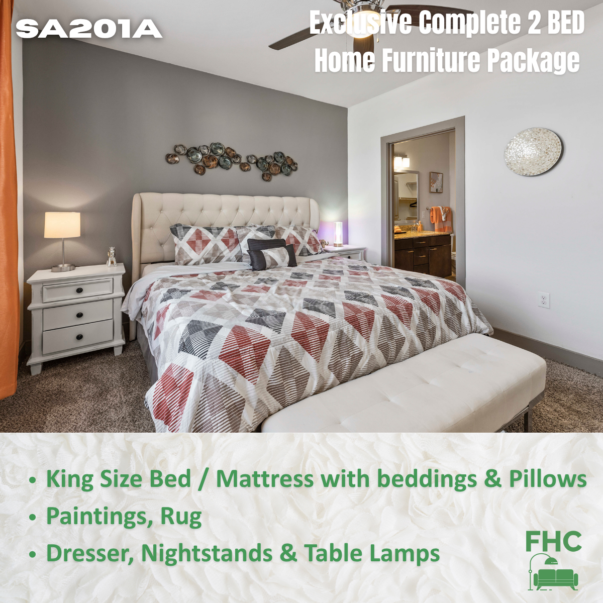 Bedroom furniture package: King bed, dresser, nightstands, and decor.