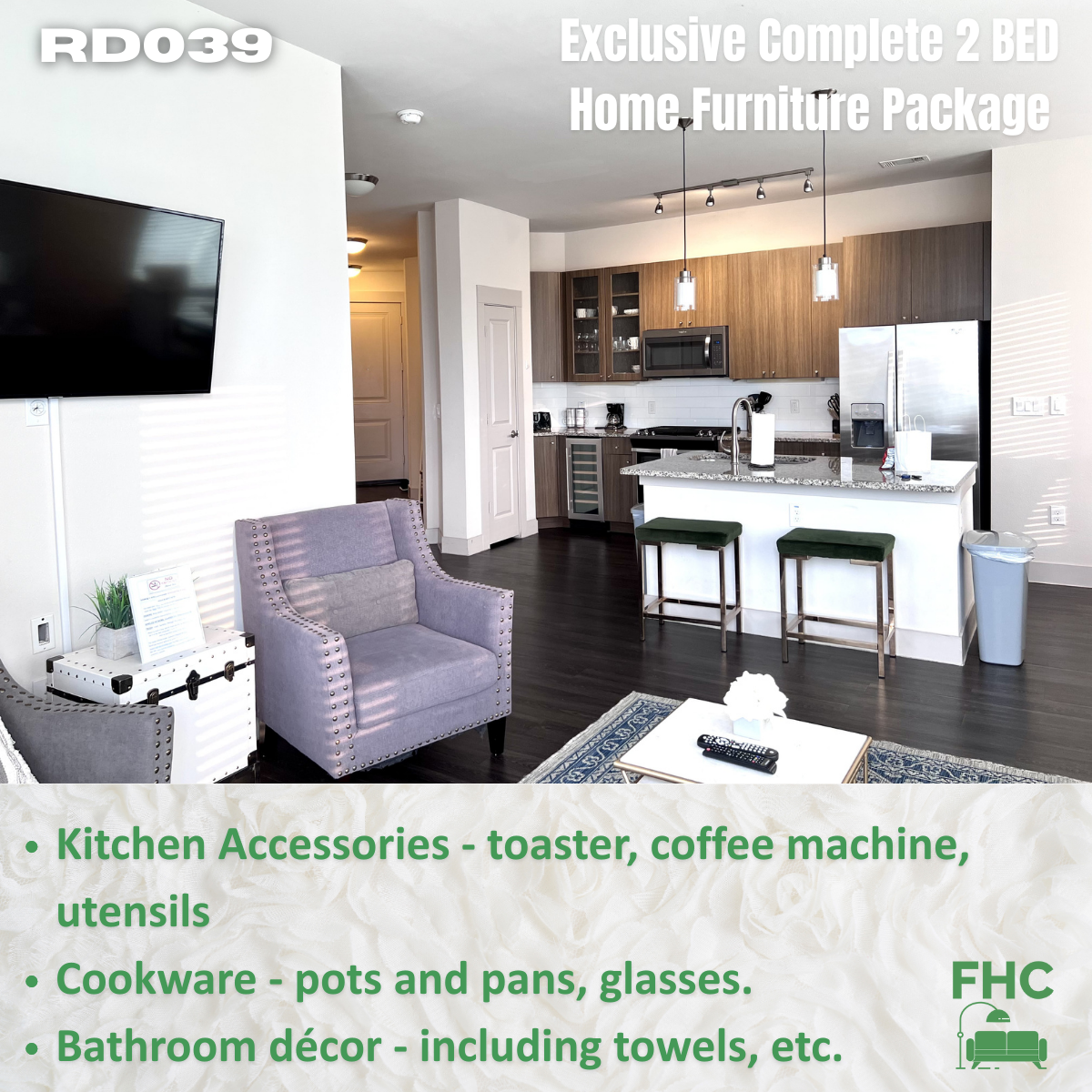 A furnished apartment interior with a living area, kitchen, and included furniture package. Text lists kitchen, cookware, and bathroom accessories.