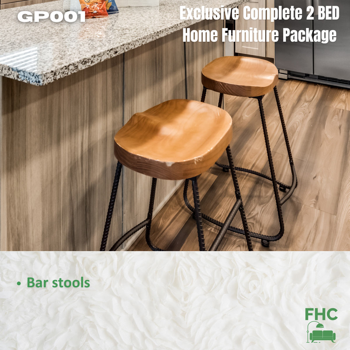 Two brown leather bar stools with black metal frames in front of a kitchen island.  Text: 