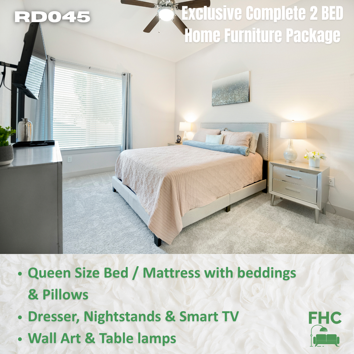 Bedroom with a queen bed, dresser, nightstands, and a smart TV.