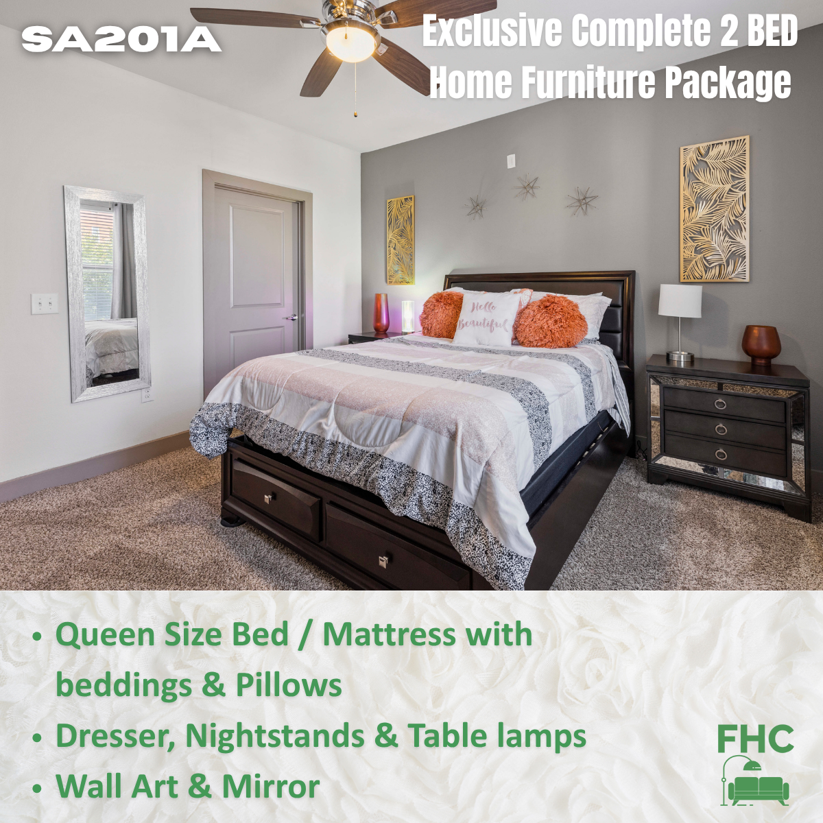 Bedroom furniture package; queen bed, dresser, nightstands, lamps, wall art, and mirror.